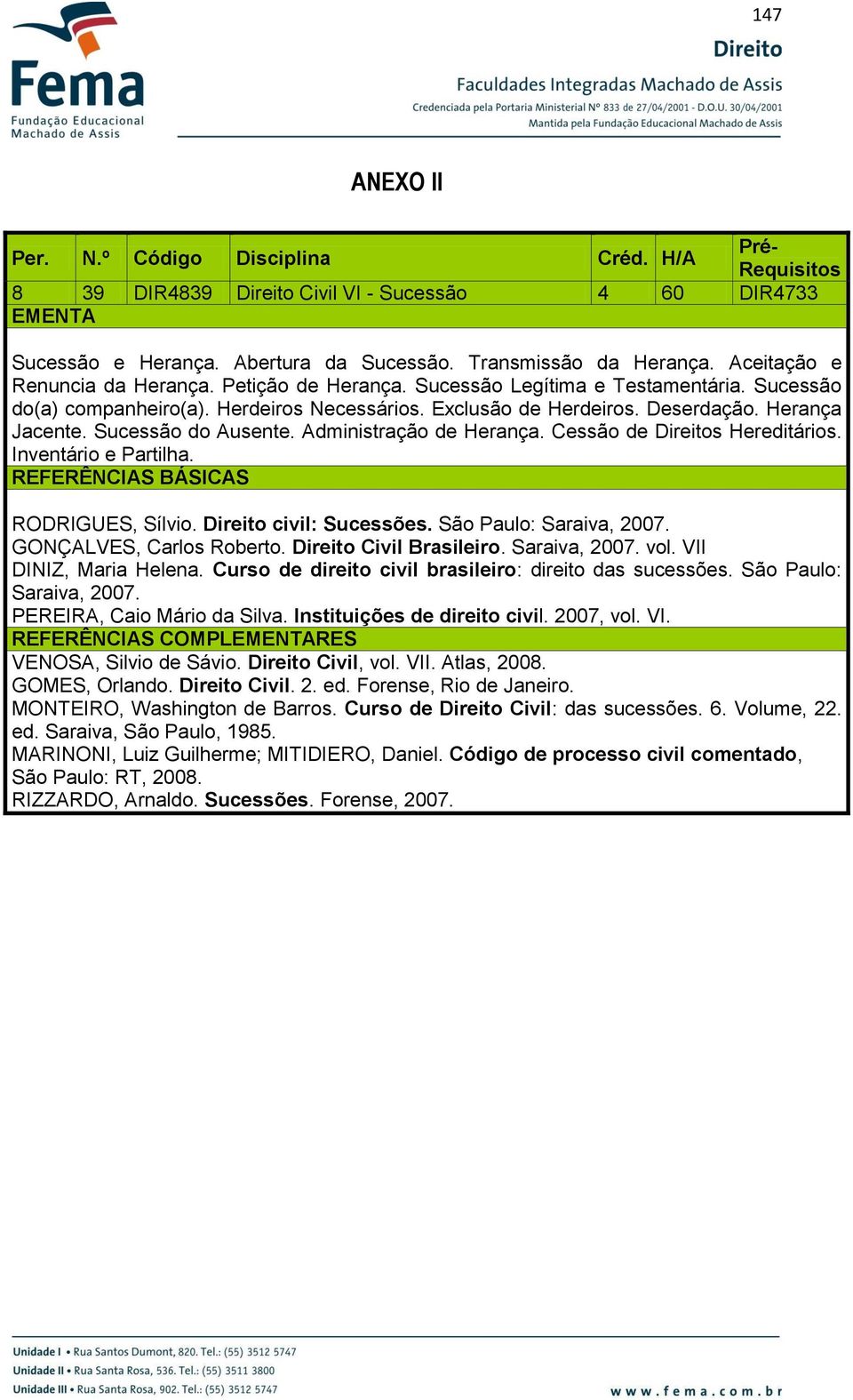 Sucessão do Ausente. Administração de Herança. Cessão de Direitos Hereditários. Inventário e Partilha. RODRIGUES, Sílvio. Direito civil: Sucessões. São Paulo: Saraiva, 2007. GONÇALVES, Carlos Roberto.