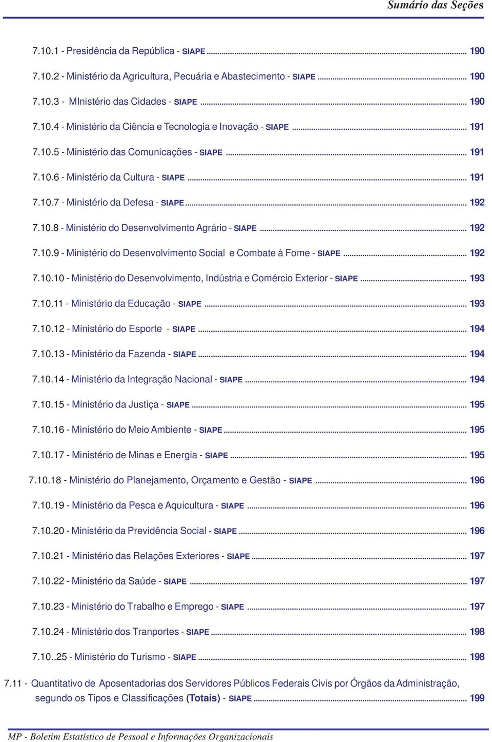 .. 192 7.10.9 - Ministério do Desenvolvimento Social e Combate à Fome - SIAPE... 192 7.10.10 - Ministério do Desenvolvimento, Indústria e Comércio Exterior - SIAPE... 193 7.10.11 - Ministério da Educação - SIAPE.