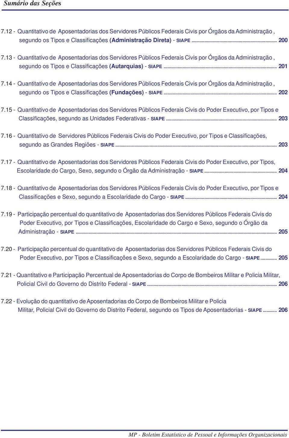 14 - Quantitativo de Aposentadorias dos Servidores Públicos Federais Civis por Órgãos da Administração, segundo os Tipos e Classificações (Fundações) - SIAPE... 202 7.