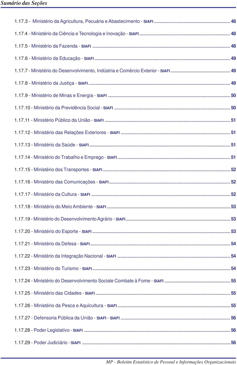 .. 50 1.17.10 - Ministério da Previdência Social - SIAFI... 50 1.17.11 - Ministério Público da União - SIAFI... 51 1.17.12 - Ministério das Relações Exteriores - SIAFI... 51 1.17.13 - Ministério da Saúde - SIAFI.