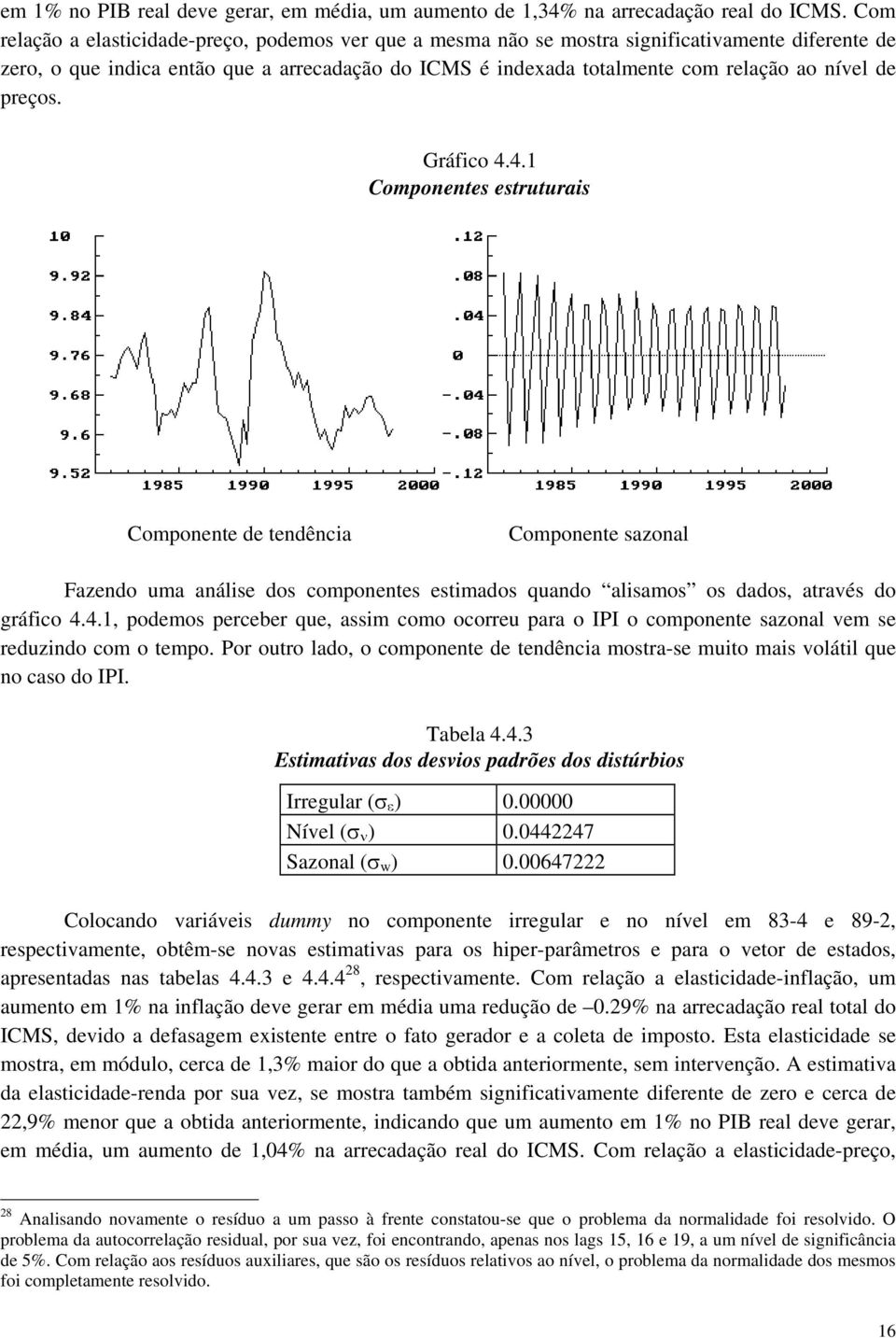 Gráfico 4.4.1 Componenes esruurais Componene de endência Componene sazonal Fazendo uma análise dos componenes esimados quando alisamos os dados, aravés do gráfico 4.4.1, podemos perceber que, assim como ocorreu para o IPI o componene sazonal vem se reduzindo com o empo.