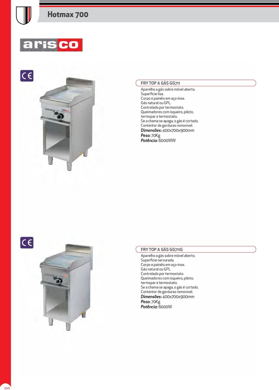 Dimensões: 400x700x900mm Peso: 70Kg Potência: 6000WW FRY TOP A GÁS GG711G Aparelho a gás sobre móvel aberto. Superficie nervurada.