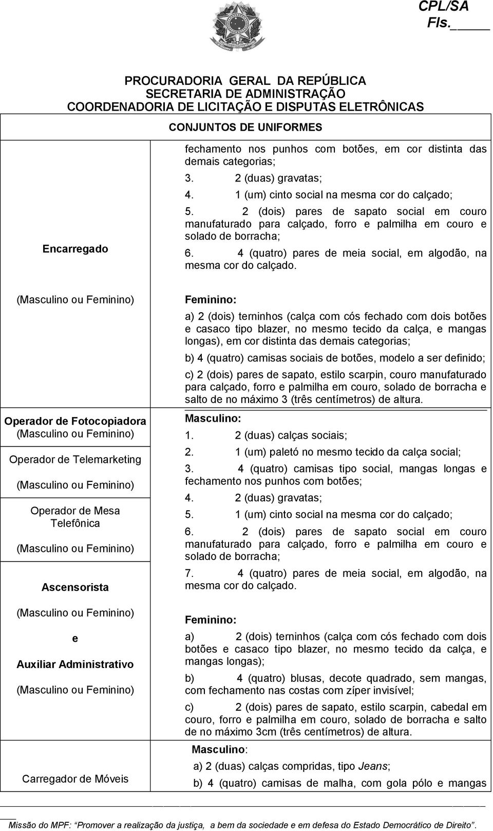 (Masculino ou Feminino) Operador de Fotocopiadora (Masculino ou Feminino) Operador de Telemarketing (Masculino ou Feminino) Operador de Mesa Telefônica (Masculino ou Feminino) Ascensorista Feminino: