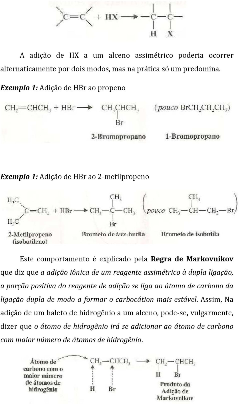 iônica de um reagente assimétrico à dupla ligação, a porção positiva do reagente de adição se liga ao átomo de carbono da ligação dupla de modo a formar o