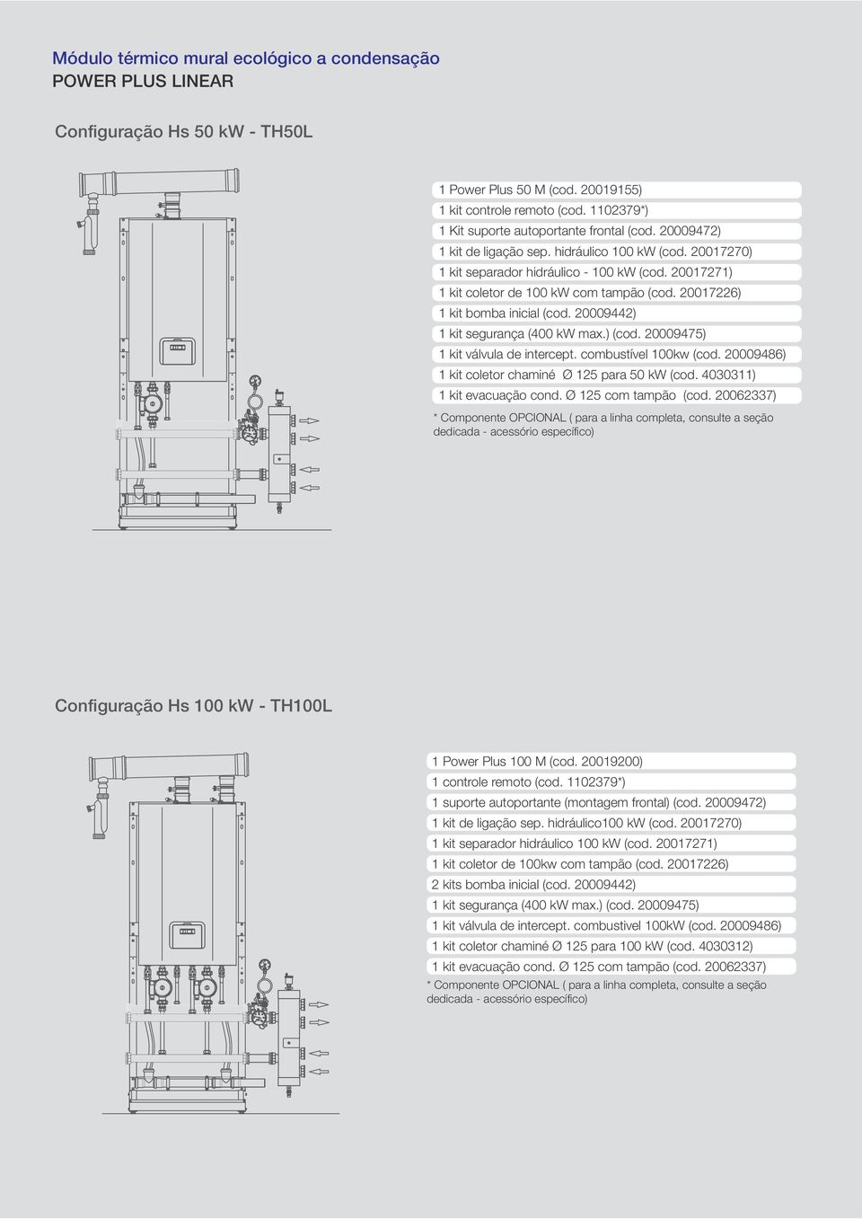 20009442) 1 kit segurança (400 kw max.) (cod. 20009475) 1 kit válvula de intercept. combustível 100kw (cod. 20009486) 1 kit coletor chaminé Ø 125 para 50 kw (cod. 4030311) 1 kit evacuação cond.