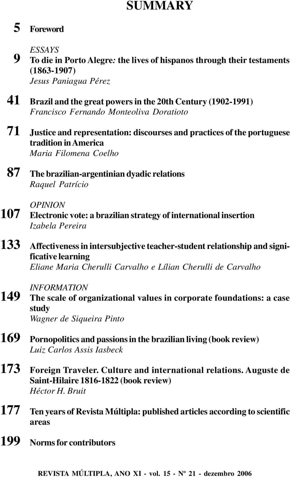 brazilian-argentinian dyadic relations Raquel Patrício OPINION Electronic vote: a brazilian strategy of international insertion Izabela Pereira Affectiveness in intersubjective teacher-student