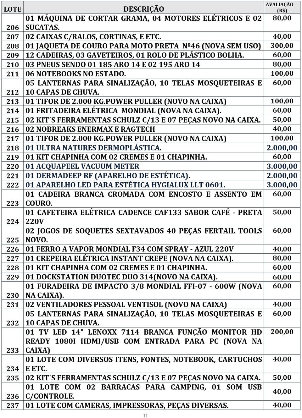 60,00 210 03 PNEUS SENDO 01 185 ARO 14 E 02 195 ARO 14 80,00 211 06 NOTEBOOKS NO ESTADO. 100,00 05 LANTERNAS PARA SINALIZAÇÃO, 10 TELAS MOSQUETEIRAS E 60,00 212 10 CAPAS DE CHUVA. 213 01 TIFOR DE 2.