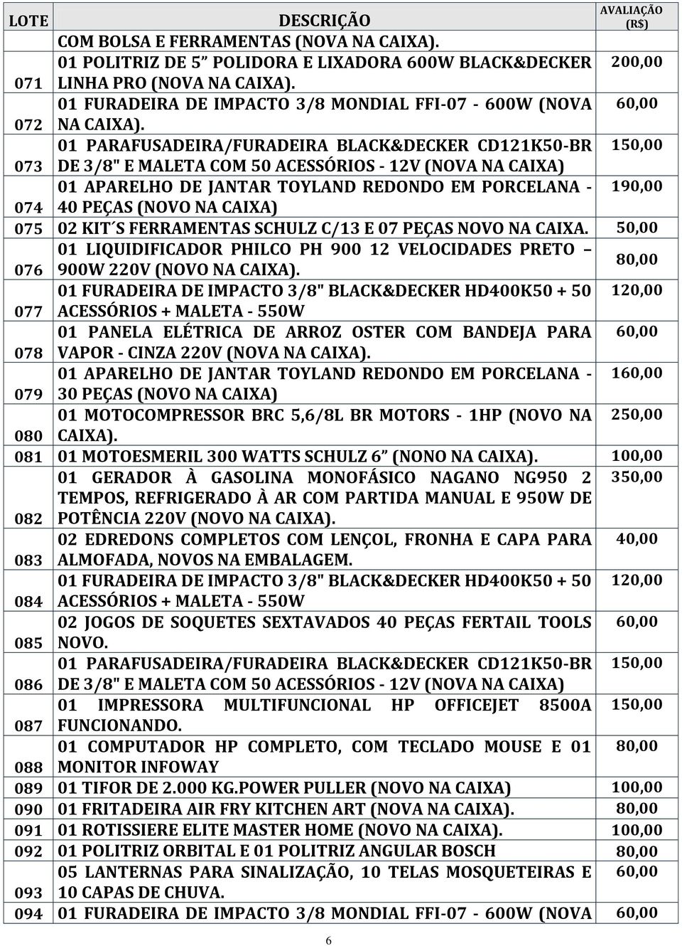 01 PARAFUSADEIRA/FURADEIRA BLACK&DECKER CD121K50-BR 150,00 073 DE 3/8" E MALETA COM 50 ACESSÓRIOS - 12V (NOVA NA CAIXA) 01 APARELHO DE JANTAR TOYLAND REDONDO EM PORCELANA - 190,00 074 40 PEÇAS (NOVO