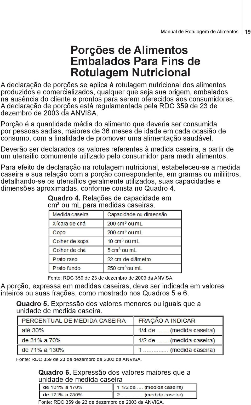 A declaração de porções está regulamentada pela RDC 359 de 23 de dezembro de 2003 da ANVISA.