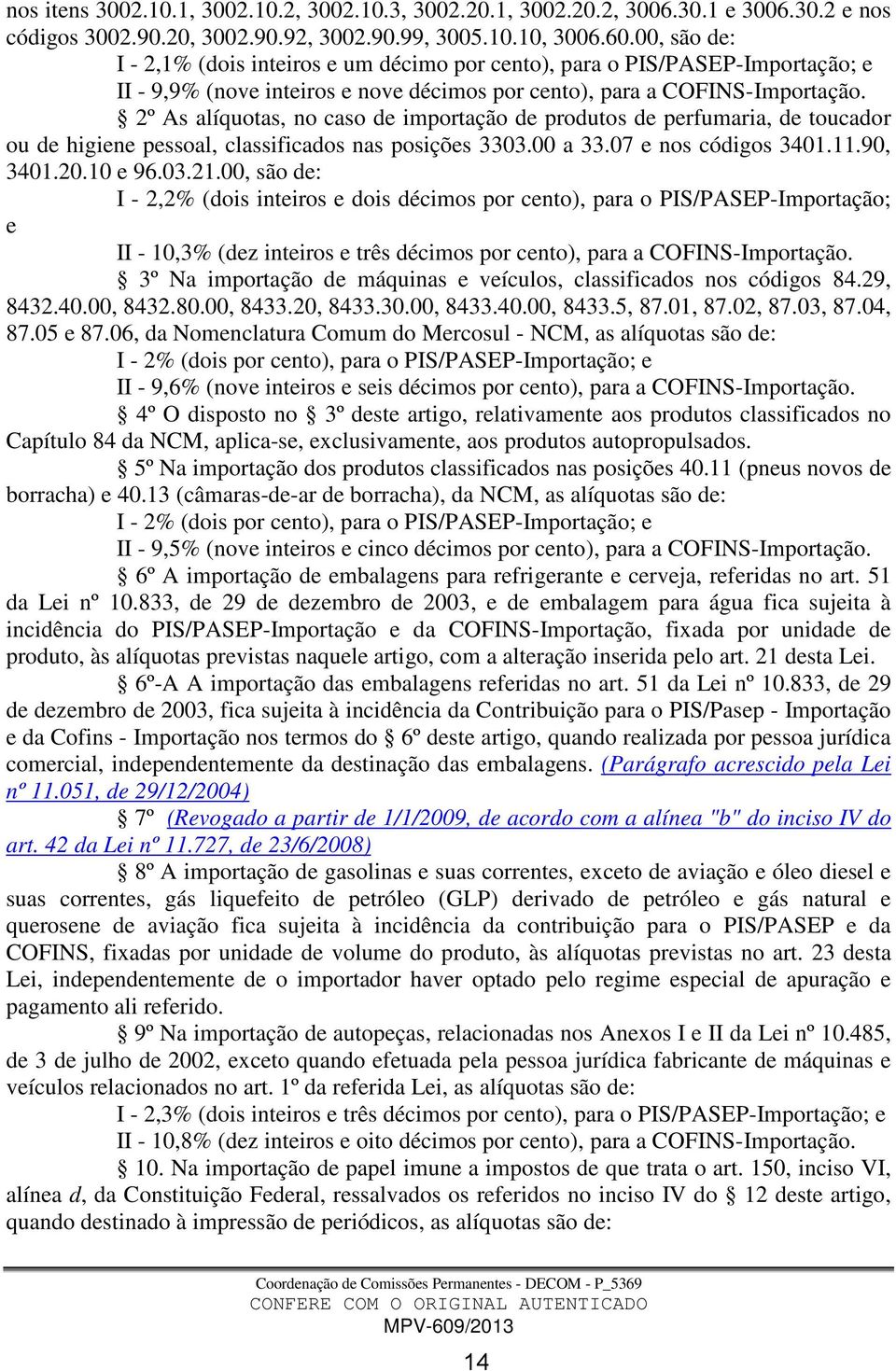 2º As alíquotas, no caso de importação de produtos de perfumaria, de toucador ou de higiene pessoal, classificados nas posições 3303.00 a 33.07 e nos códigos 3401.11.90, 3401.20.10 e 96.03.21.