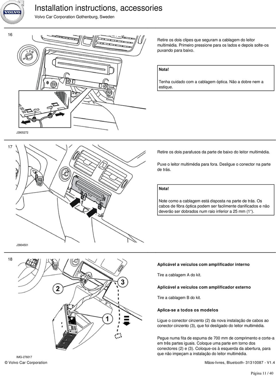 Note como a cablagem está disposta na parte de trás. Os cabos de fibra óptica podem ser facilmente danificados e não deverão ser dobrados num raio inferior a 25 mm (1 ).