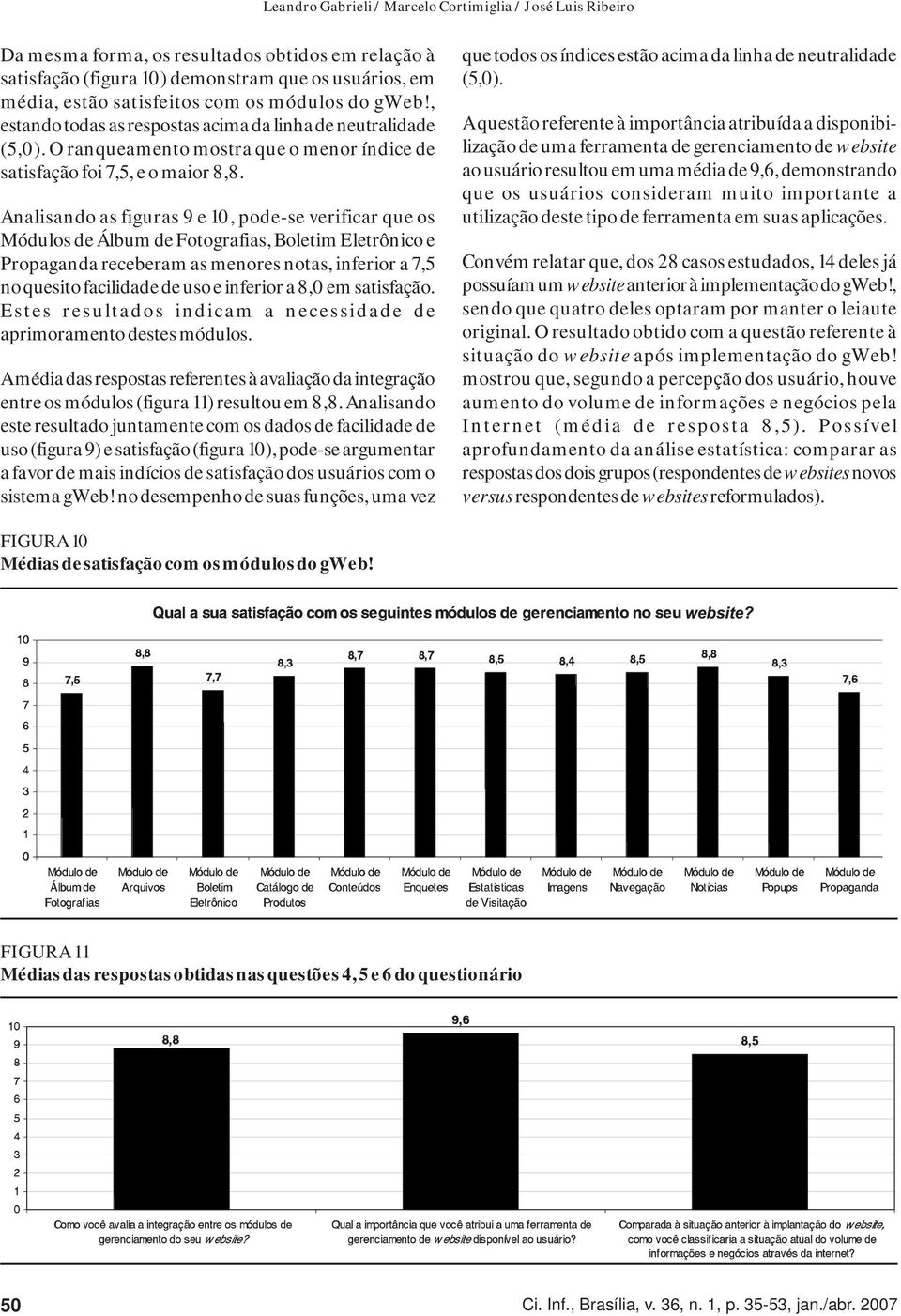 Analisando as figuras 9 e 10, pode-se verificar que os Módulos de Álbum de Fotografias, Boletim Eletrônico e Propaganda receberam as menores notas, inferior a 7,5 no quesito facilidade de uso e