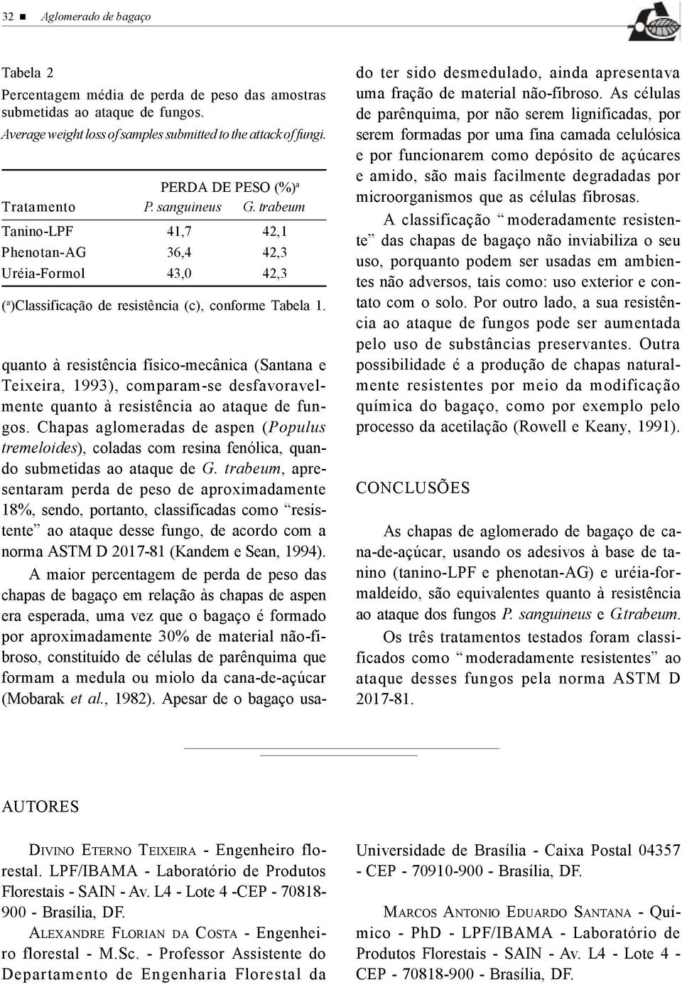 quanto à resistência físico-mecânica (Santana e Teixeira, 1993), comparam-se desfavoravelmente quanto à resistência ao ataque de fungos.