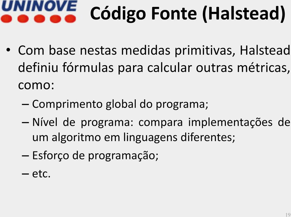 Comprimento global do programa; Nível de programa: compara