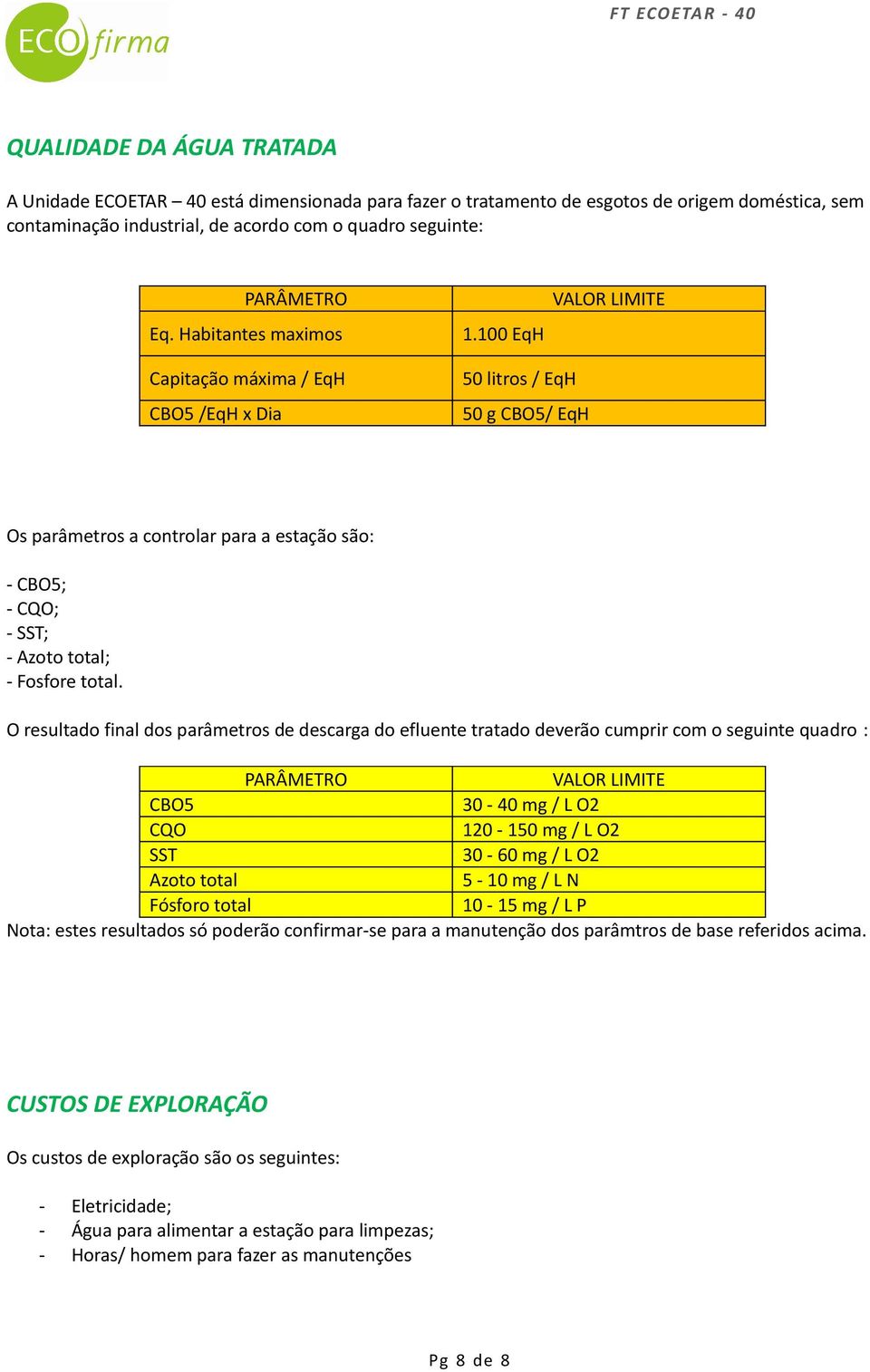 100 EqH VALOR LIMITE Capitação máxima / EqH CBO5 /EqH x Dia 50 litros / EqH 50 g CBO5/ EqH Os parâmetros a controlar para a estação são: - CBO5; - CQO; - SST; - Azoto total; - Fosfore total.