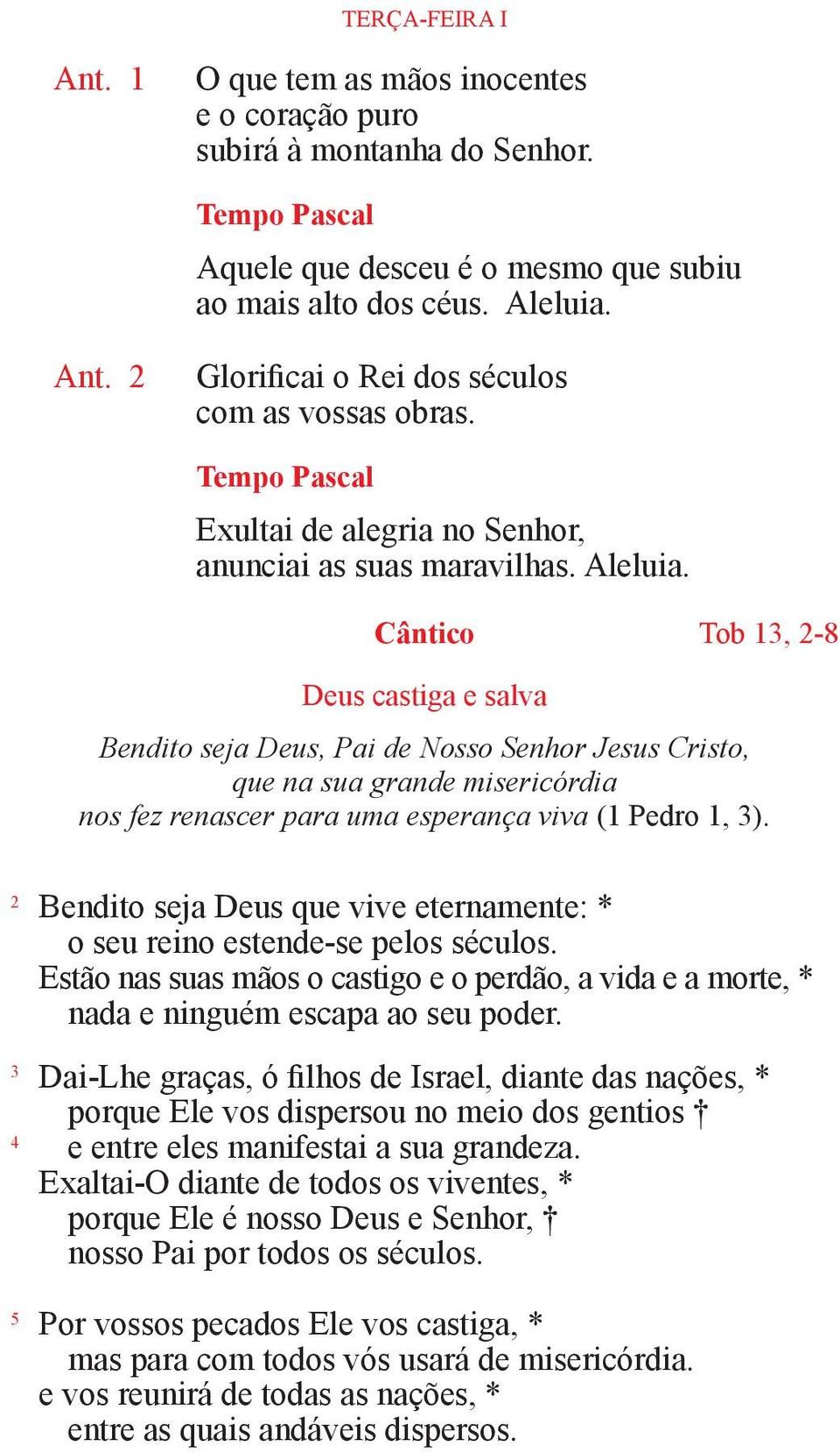 Cântico Tob 13, 2-8 Deus castiga e salva Bendito seja Deus, Pai de Nosso Senhor Jesus Cristo, que na sua grande misericórdia nos fez renascer para uma esperança viva (1 Pedro 1, 3).