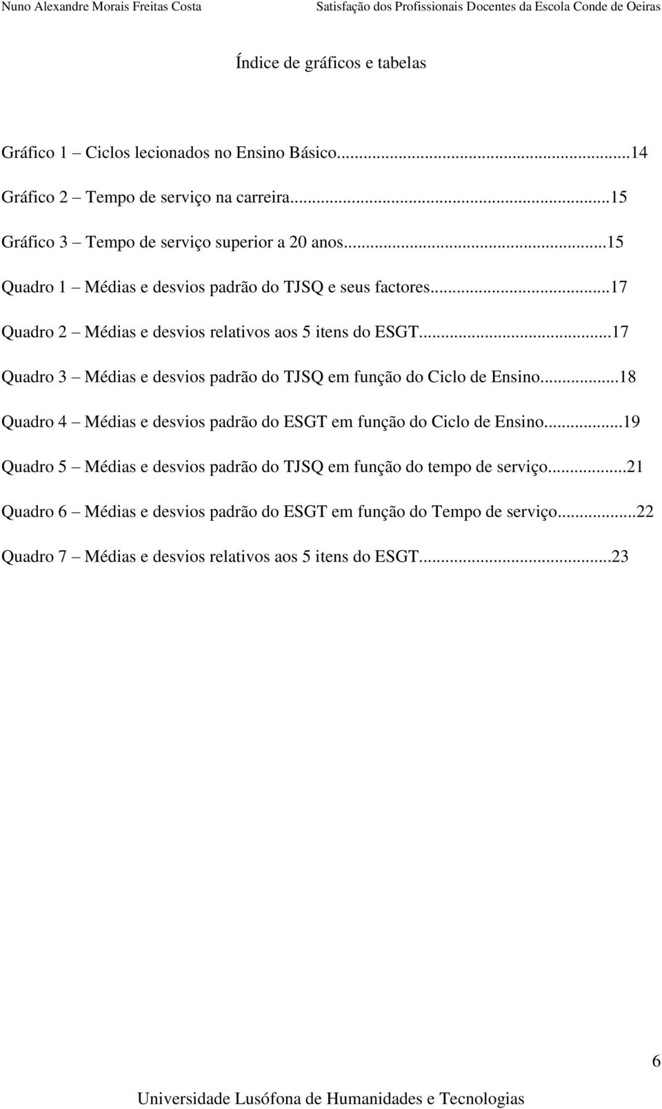 ..17 Quadro 2 Médias e desvios relativos aos 5 itens do ESGT...17 Quadro 3 Médias e desvios padrão do TJSQ em função do Ciclo de Ensino.