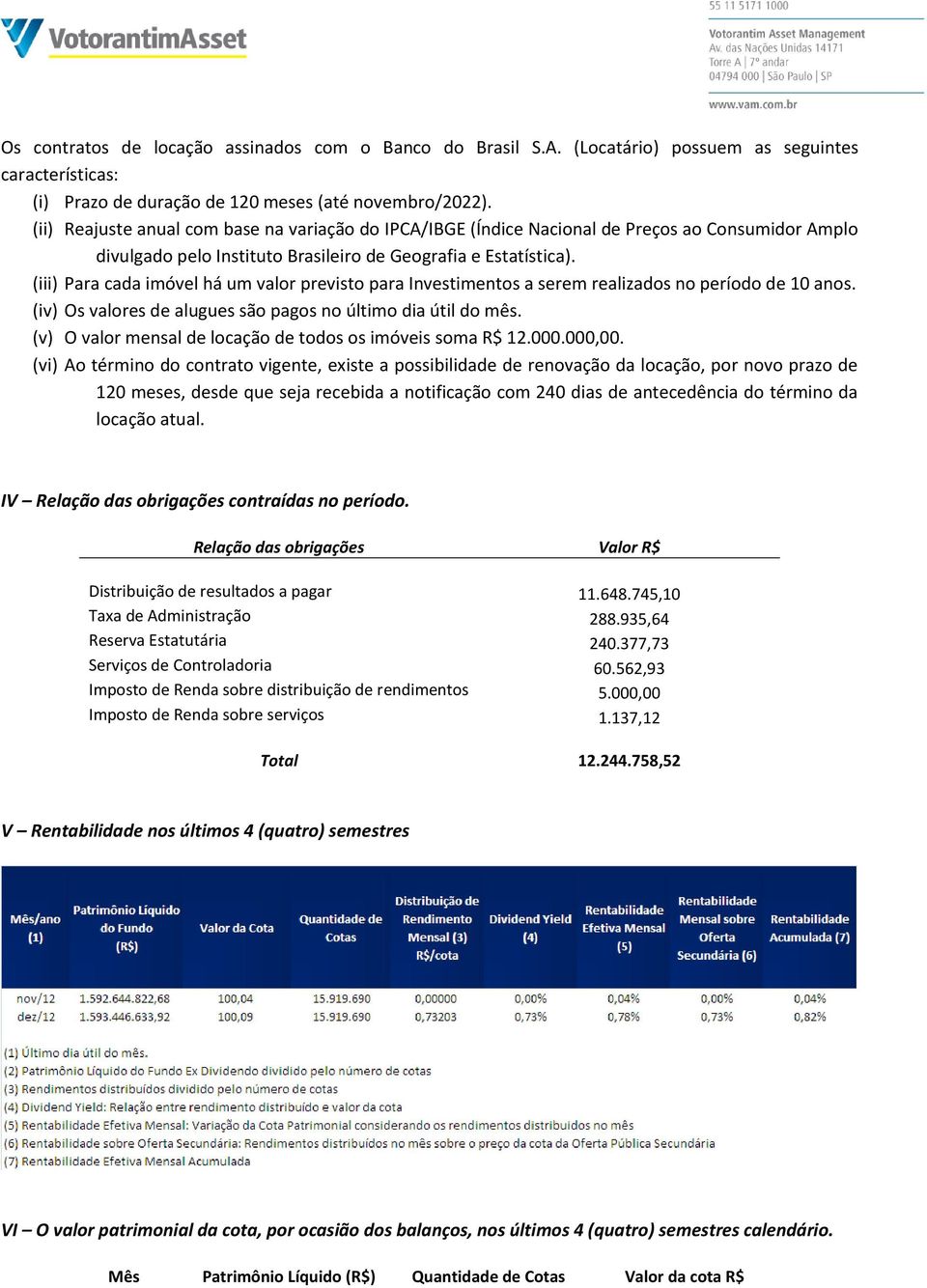 (iii) Para cada imóvel há um valor previsto para Investimentos a serem realizados no período de 10 anos. (iv) Os valores de alugues são pagos no último dia útil do mês.