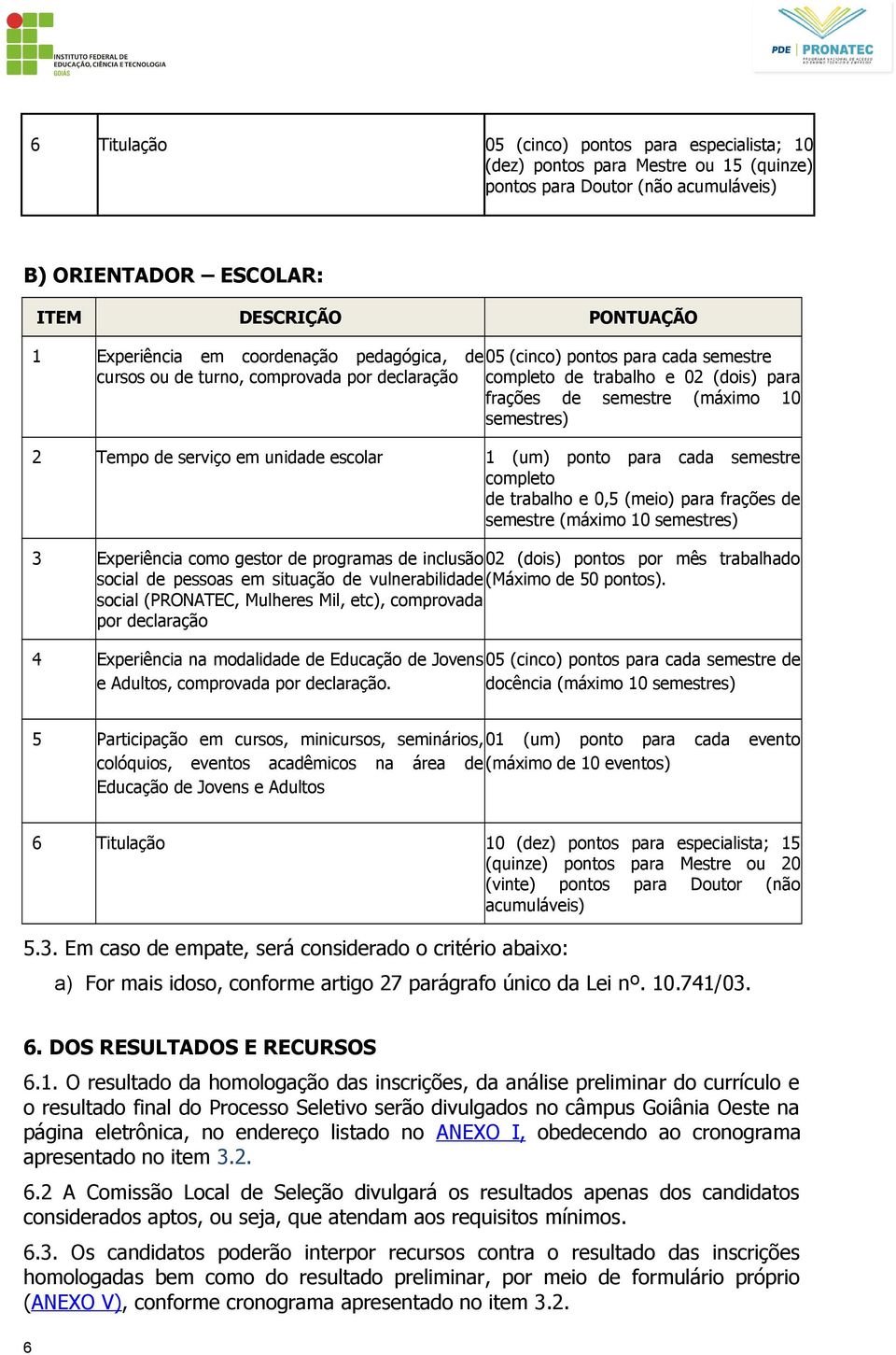 serviço em unidade escolar 1 (um) ponto para cada semestre completo de trabalho e 0,5 (meio) para frações de semestre (máximo 10 semestres) 3 Experiência como gestor de programas de inclusão 02