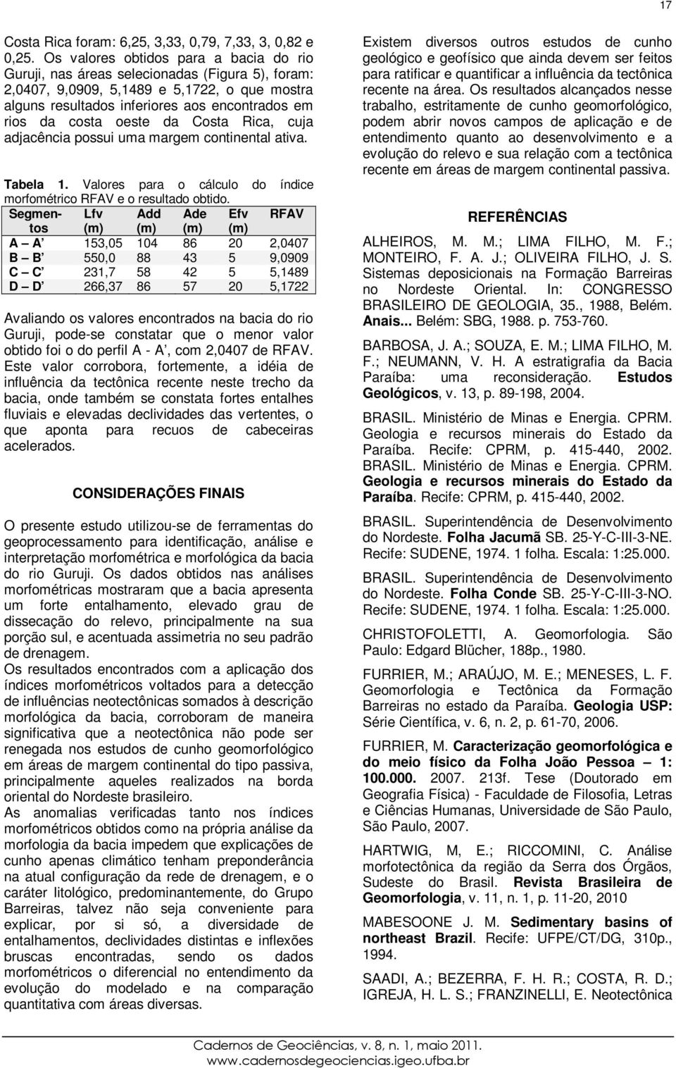 oeste da Costa Rica, cuja adjacência possui uma margem continental ativa. Tabela 1. Valores para o cálculo do índice morfométrico RFAV e o resultado obtido.