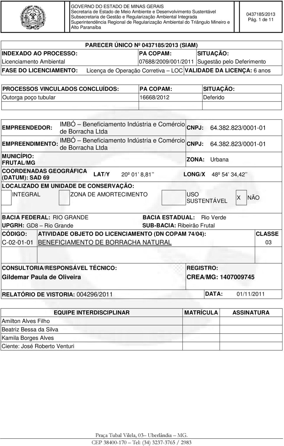 382.823/0001-01 de Borracha Ltda IMBÓ Beneficiamento Indústria e Comércio EMPREENDIMENTO: CNPJ: 64.382.823/0001-01 de Borracha Ltda MUNICÍPIO: FRUTAL/MG COORDENADAS GEOGRÁFICA (DATUM): SAD 69