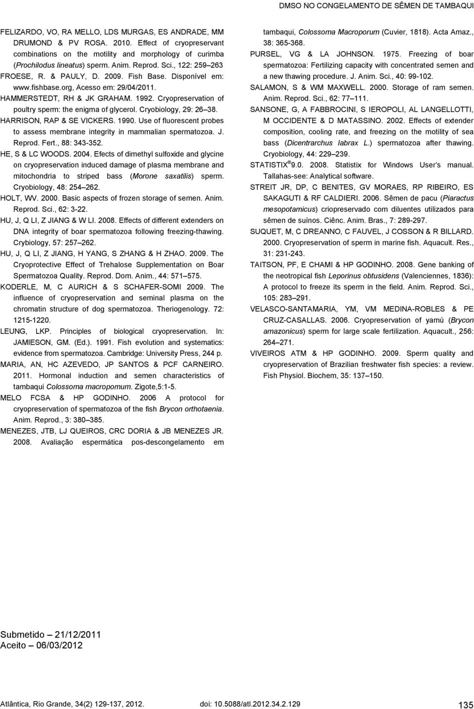 Disponível em: www.fishbase.org, Acesso em: 29/04/2011. HAMMERSTEDT, RH & JK GRAHAM. 1992. Cryopreservation of poultry sperm: the enigma of glycerol. Cryobiology, 29: 26 38.