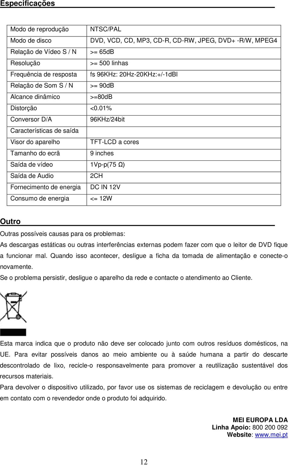 01% Conversor D/A 96KHz/24bit Características de saída Visor do aparelho TFT-LCD a cores Tamanho do ecrã 9 inches Saída de vídeo 1Vp-p(75 Ω) Saída de Audio 2CH Fornecimento de energia DC IN 12V