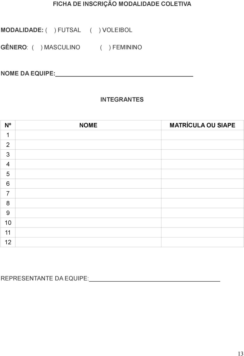 NOME DA EQUIPE: INTEGRANTES Nº NOME MATRÍCULA OU SIAPE