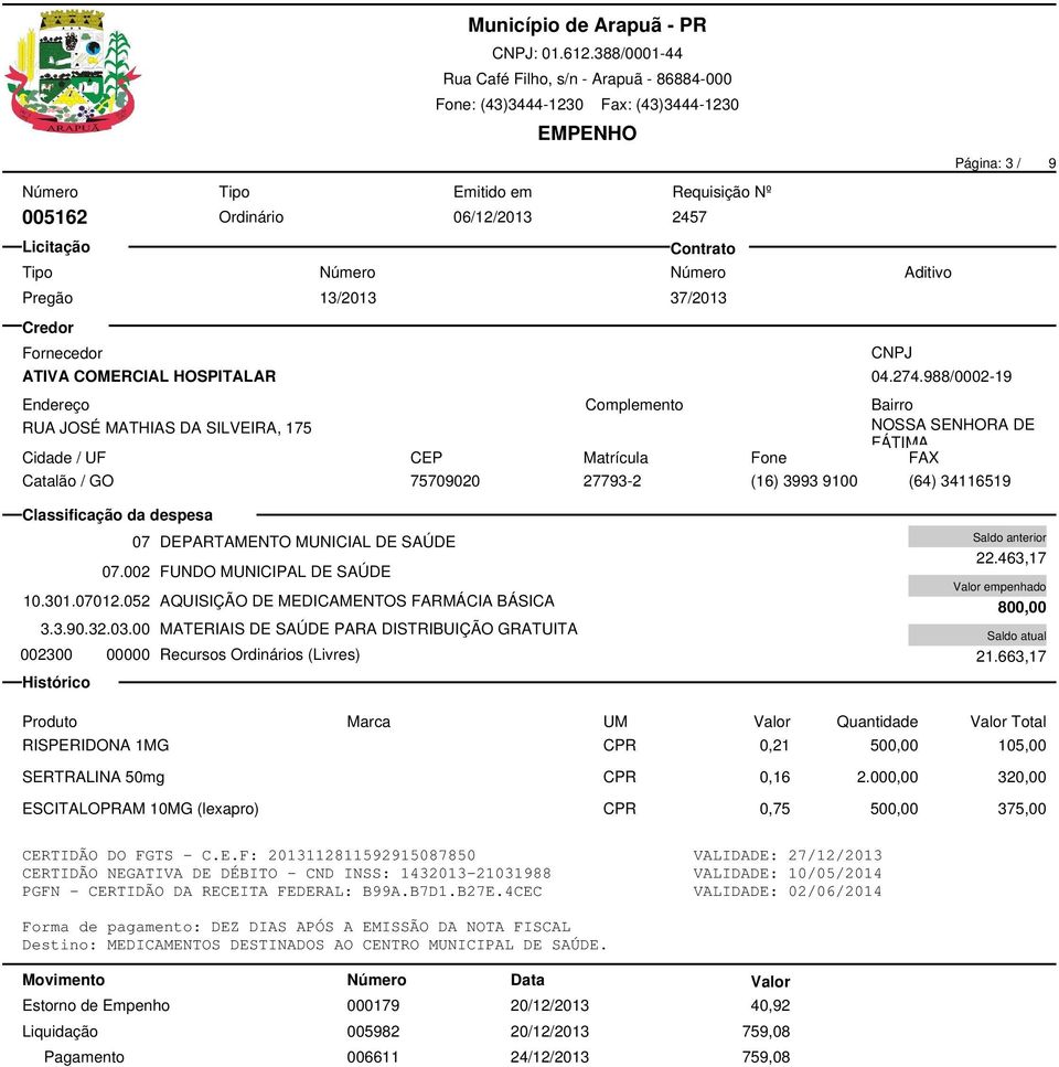 00 MATERIAIS DE SAÚDE PARA DISTRIBUIÇÃO GRATUITA 002300 00000 Recursos Ordinários (Livres) 22.463,17 800,00 21.663,17 RISPERIDONA 1MG CPR 0,21 500,00 105,00 SERTRALINA 50mg CPR 0,16 2.