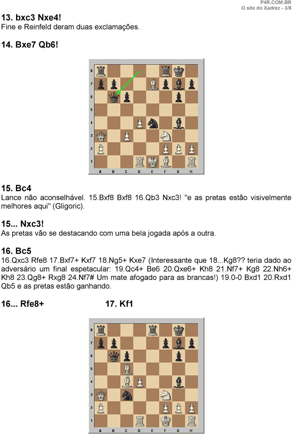 Bc5 16.Qxc3 Rfe8 17.Bxf7+ Kxf7 18.Ng5+ Kxe7 (Interessante que 18...Kg8?? teria dado ao adversário um final espetacular: 19.Qc4+ Be6 20.Qxe6+ Kh8 21.