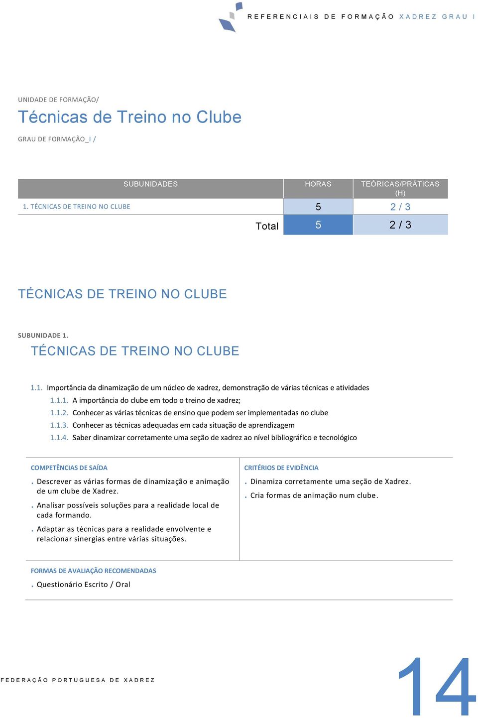 Conhecer as técnicas adequadas em cada situação de aprendizagem 1.1.4. Saber dinamizar corretamente uma seção de xadrez ao nível bibliográfico e tecnológico.