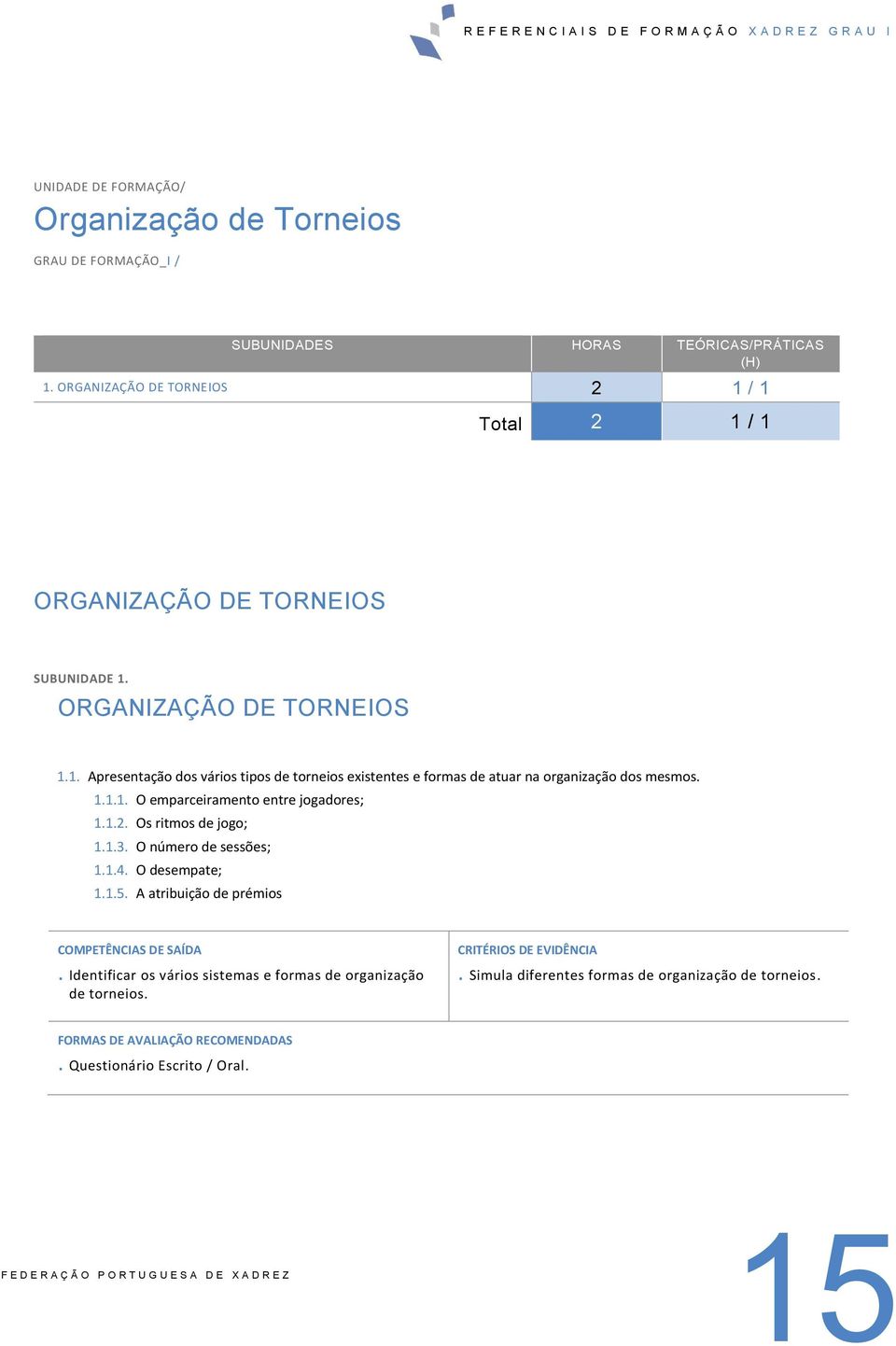 A atribuição de prémios. Identificar os vários sistemas e formas de organização de torneios.