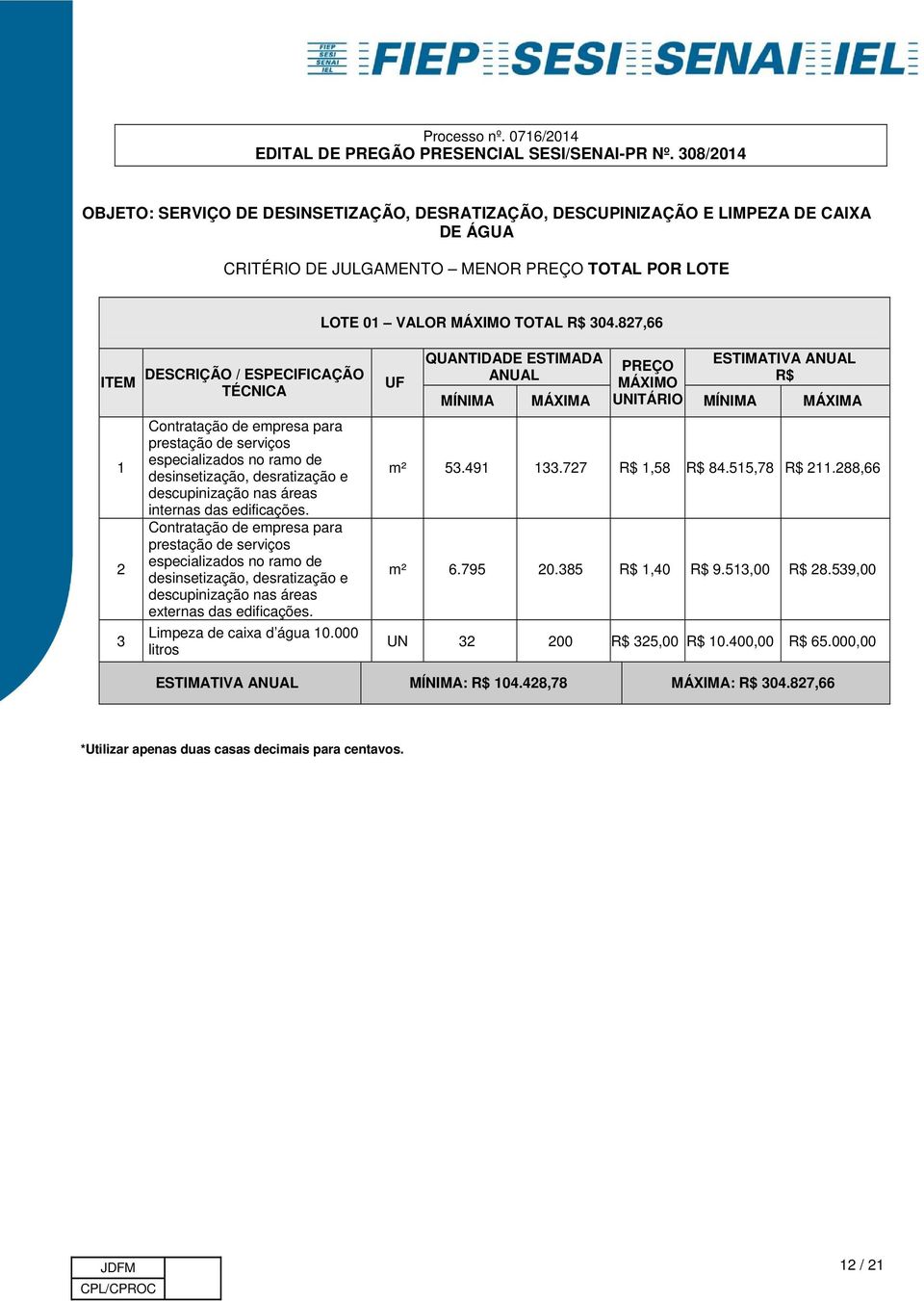 edificações. Contratação de empresa para prestação de serviços especializados no ramo de desinsetização, desratização e descupinização nas áreas externas das edificações. Limpeza de caixa d água 10.