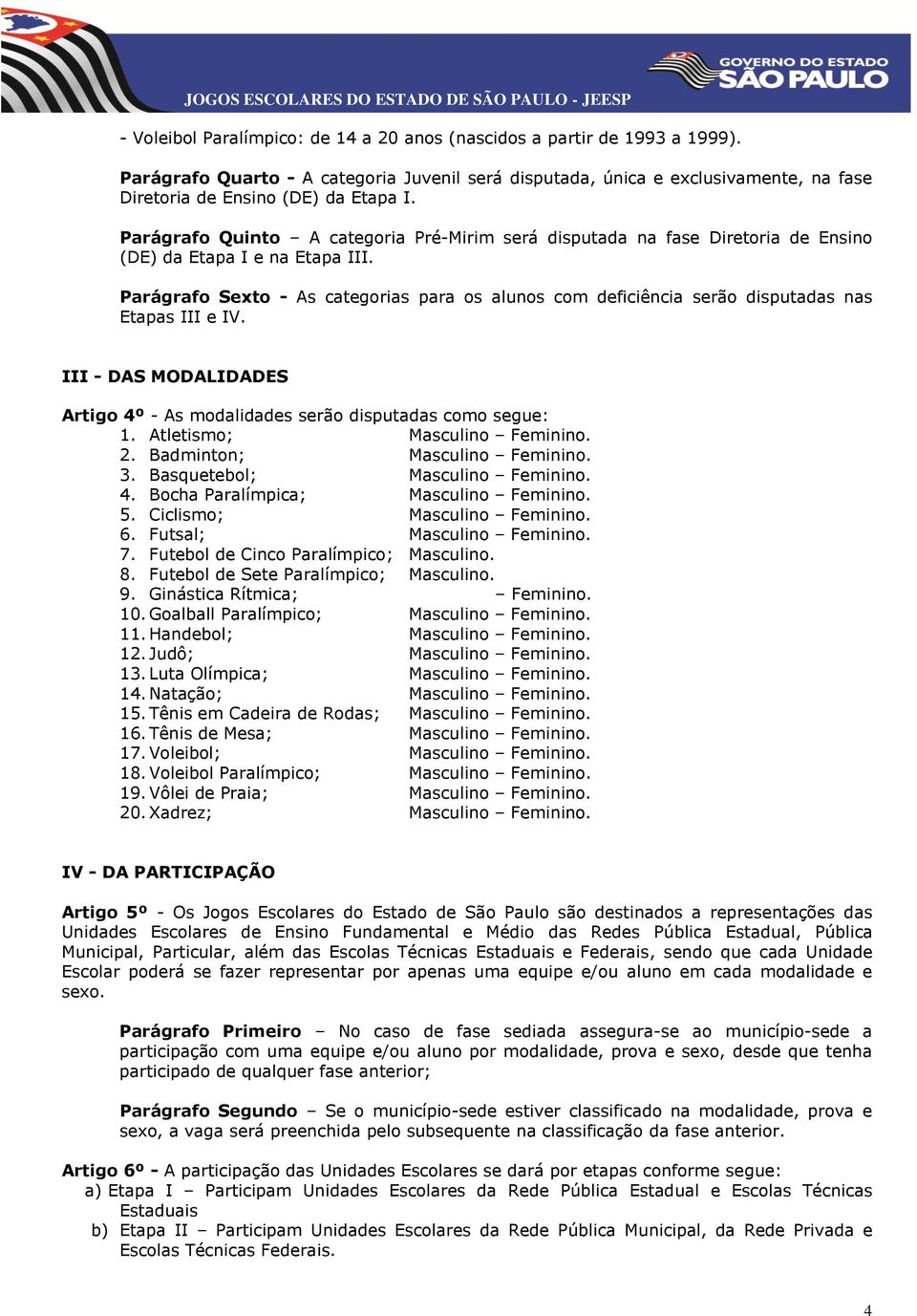 Parágrafo Sexto - As categorias para os alunos com deficiência serão disputadas nas Etapas III e IV. III - DAS MODALIDADES Artigo 4º - As modalidades serão disputadas como segue: 1.