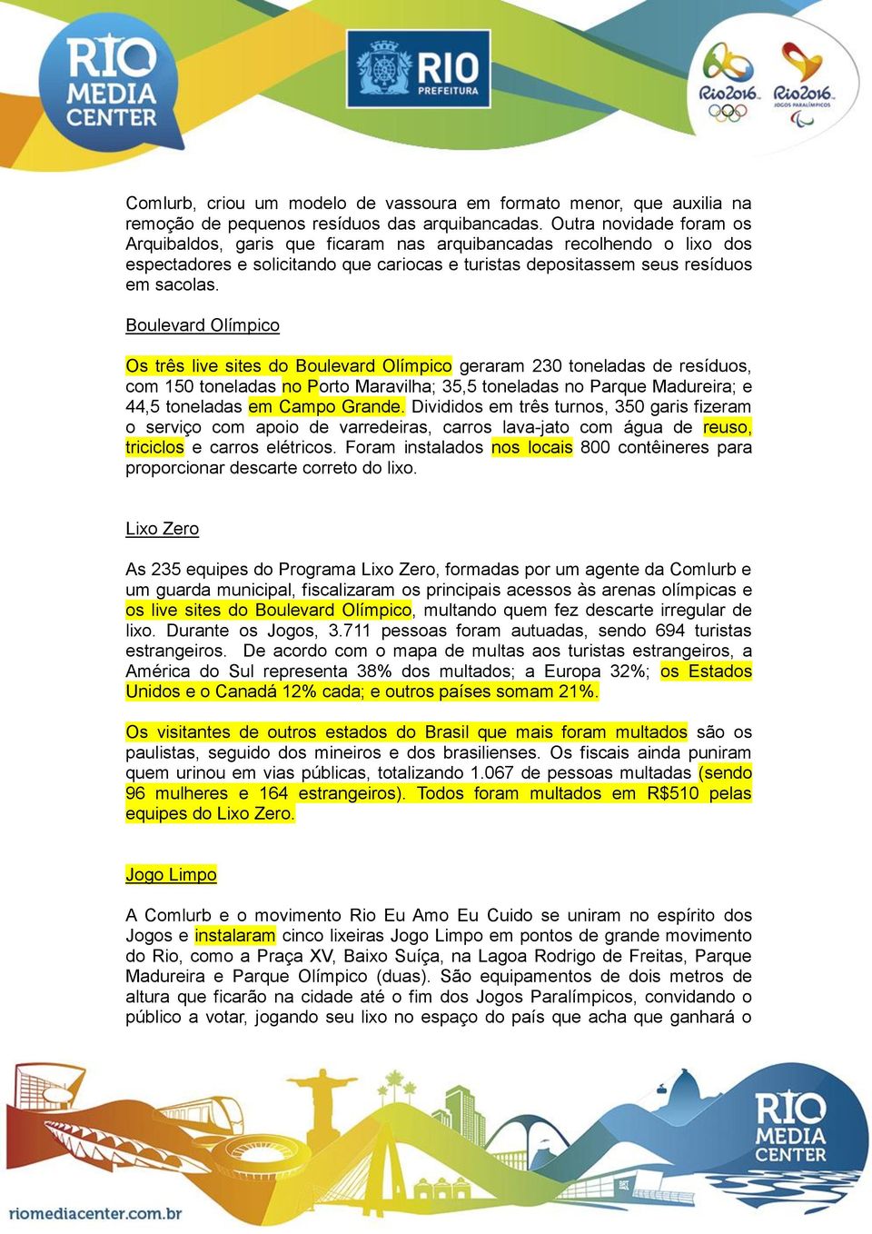 Boulevard Olímpico Os três live sites do Boulevard Olímpico geraram 230 toneladas de resíduos, com 150 toneladas no Porto Maravilha; 35,5 toneladas no Parque Madureira; e 44,5 toneladas em Campo