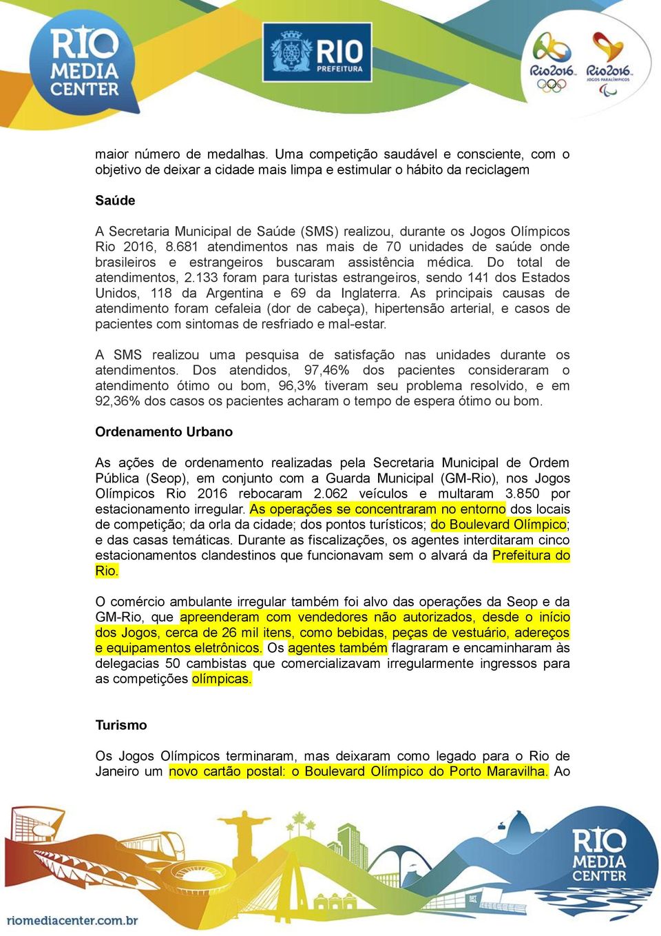 Rio 2016, 8.681 atendimentos nas mais de 70 unidades de saúde onde brasileiros e estrangeiros buscaram assistência médica. Do total de atendimentos, 2.