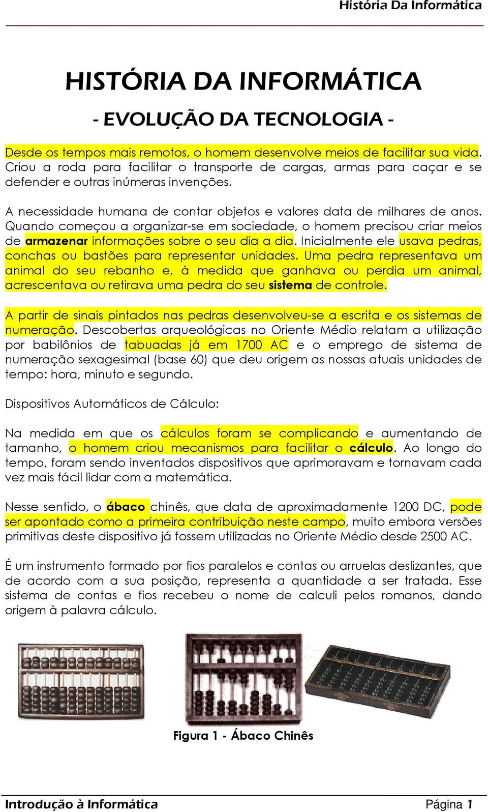 Quando começou a organizar-se em sociedade, o homem precisou criar meios de armazenar informações sobre o seu dia a dia. Inicialmente ele usava pedras, conchas ou bastões para representar unidades.