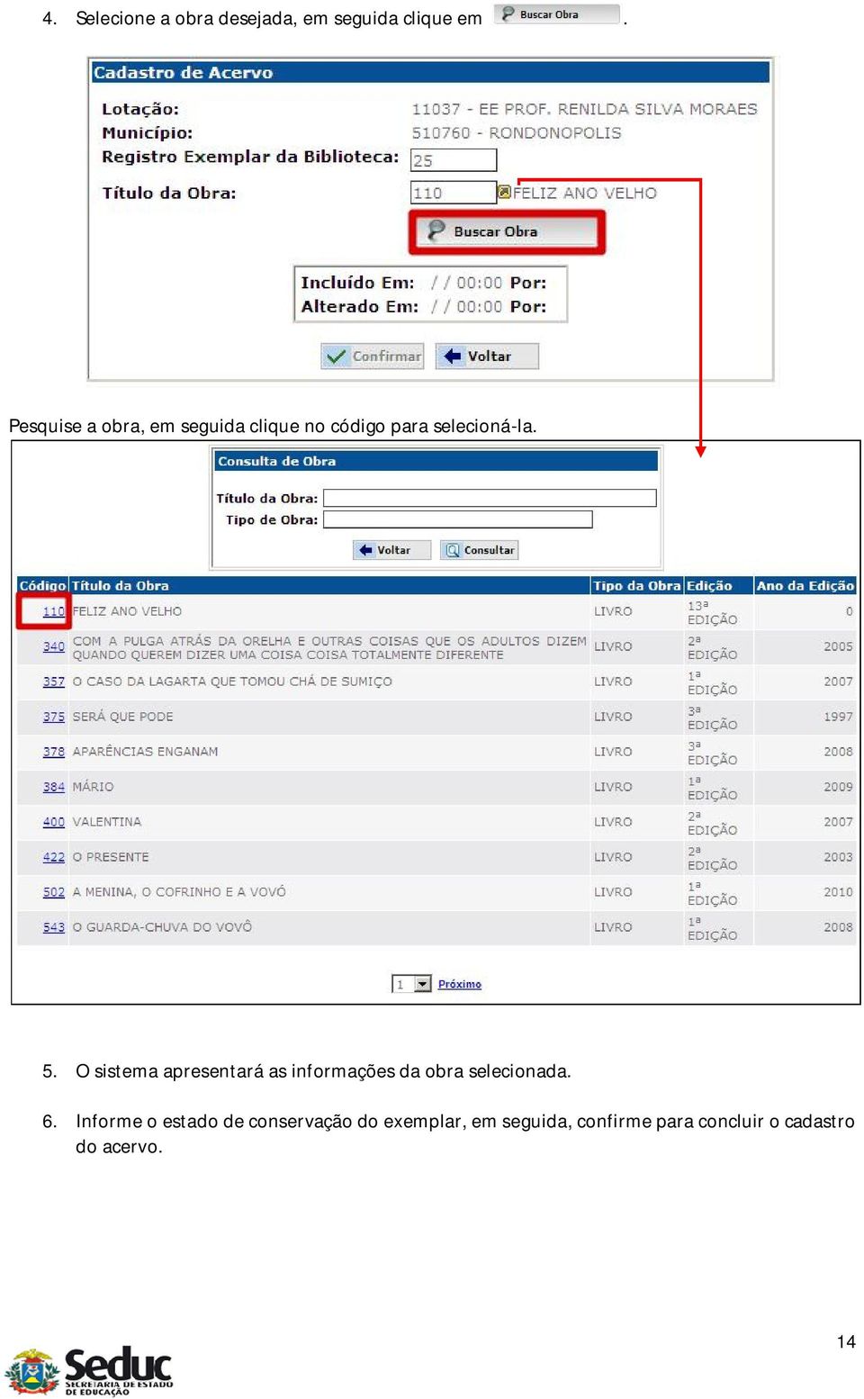 O sistema apresentará as informações da obra selecionada. 6.