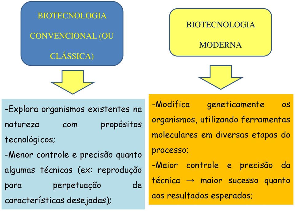 de características desejadas); -Modifica geneticamente os organismos, utilizando ferramentas moleculares em