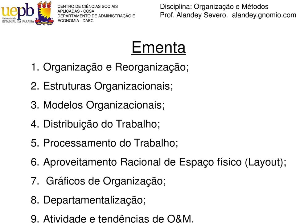 Modelos Organizacionais; 4. Distribuição do Trabalho; 5. Processamento do Trabalho; 6.