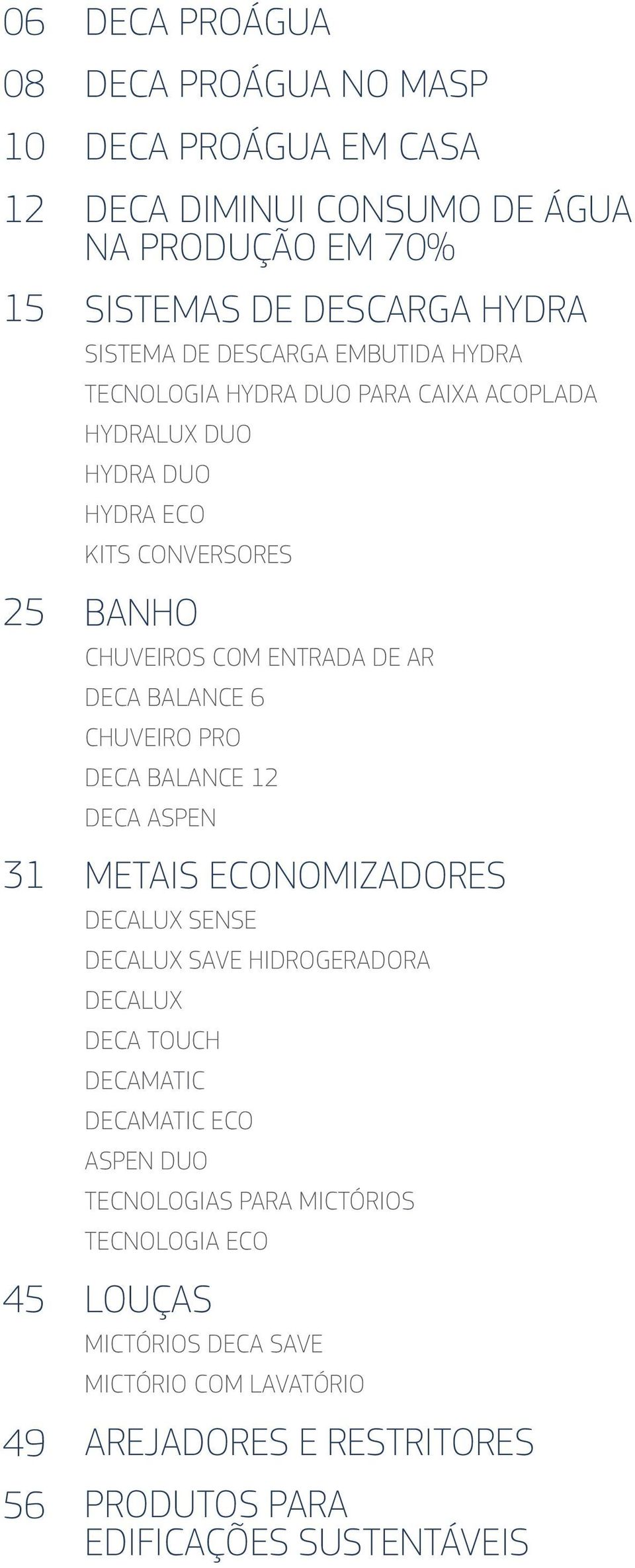 BALANCE 6 CHUVEIRO PRO DECA BALANCE 12 DECA ASPEN METAIS ECONOMIZADORES DECALU SENSE DECALU SAVE HIDROGERADORA DECALU DECA TOUCH DECAMATIC DECAMATIC ECO