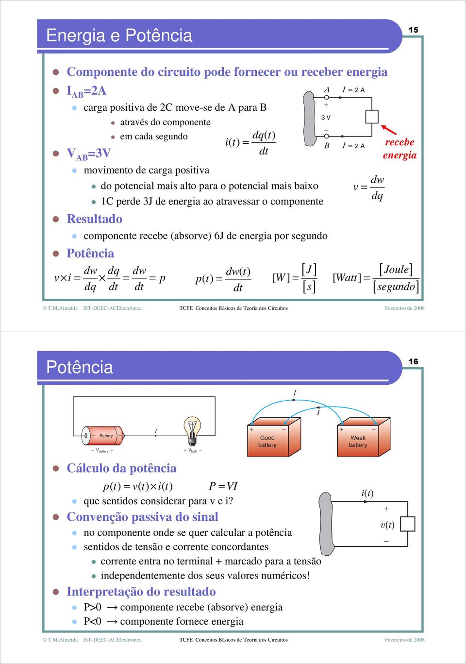 dq( t) i( t) dt dw( t) p( t) dt [ W ] [ J ] [ s] v [ Watt] dw dq recebe energia [ Joule] [ segundo] Potência 16 Cálculo da potência p( t) v( t) i( t) P I que sentidos considerar para v e i?