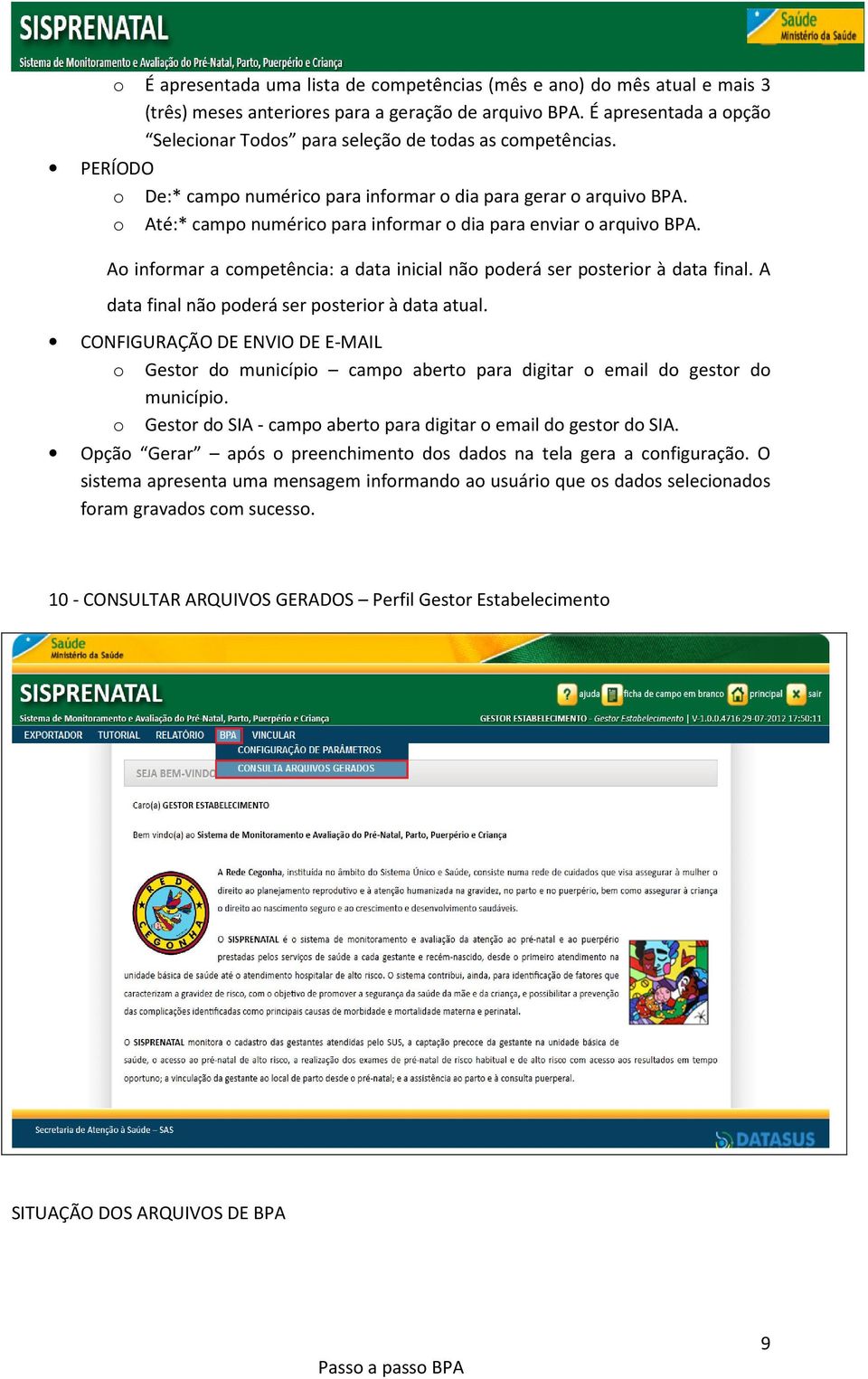 o Até:* campo numérico para informar o dia para enviar o arquivo BPA. Ao informar a competência: a data inicial não poderá ser posterior à data final.