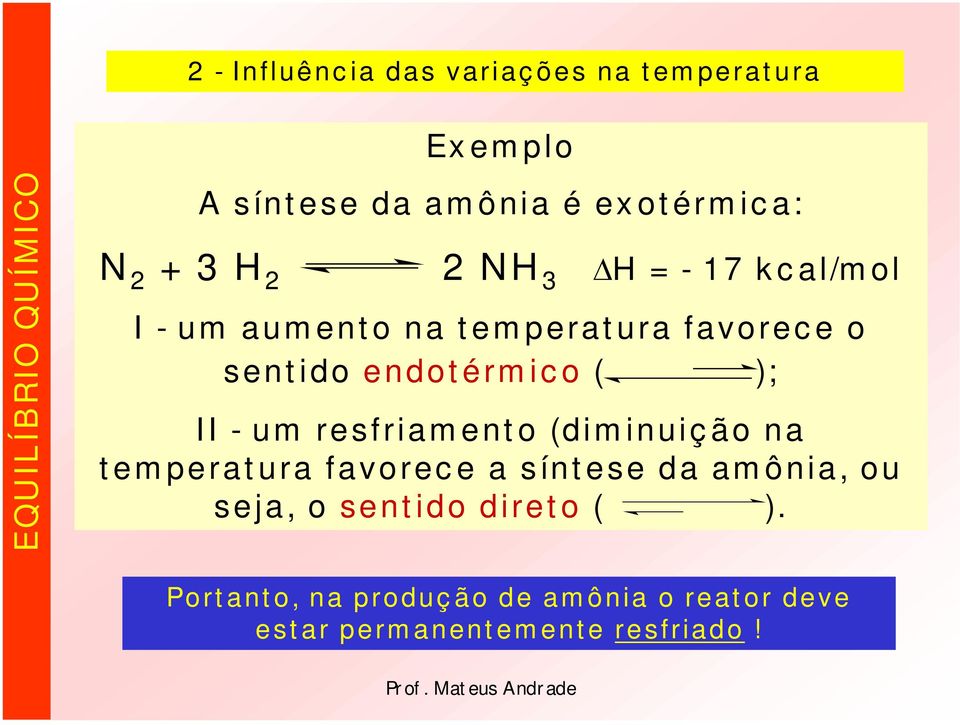 endot érm ic o ( ); II - um resfriam ent o (dim inuiç ão na t em perat ura favorec e a sínt ese da am ônia, ou