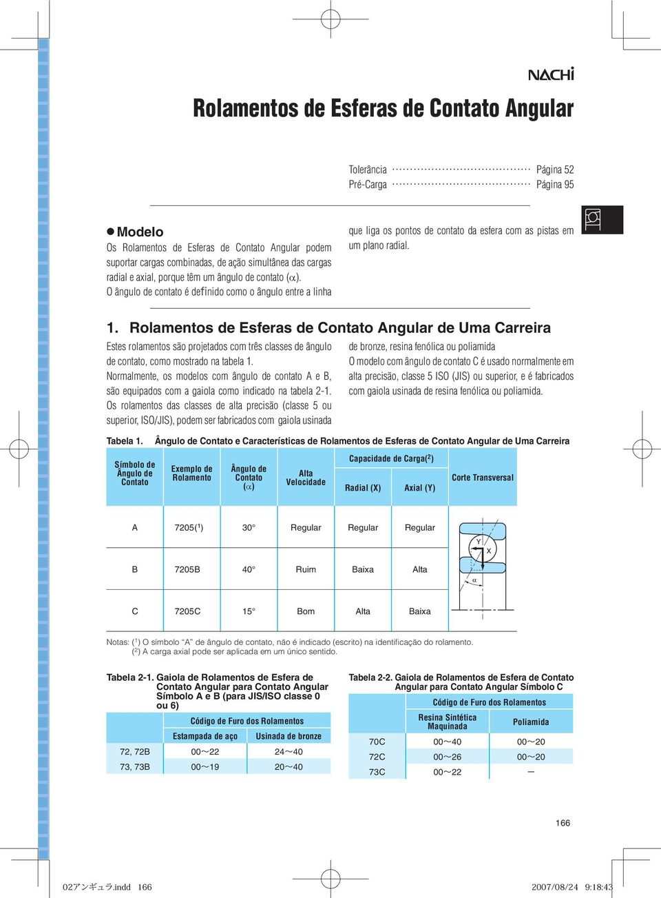 Rolamentos Esferas Contato Angular Uma Carreira Estes rolamentos são projetados com três classes ângulo, como mostrado na tabela 1.