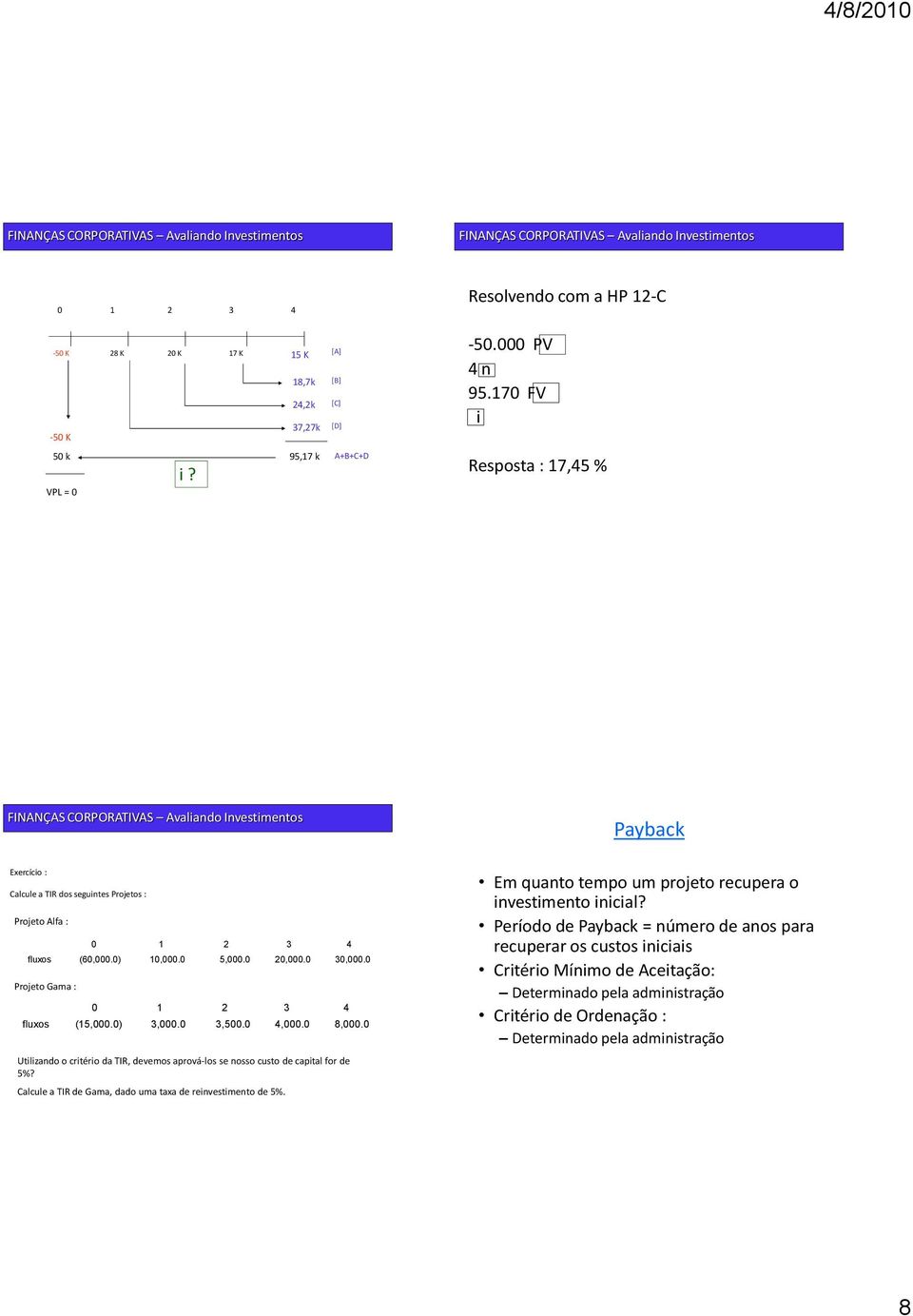 170 FV i Resposta : 17,45 % FINANÇAS CORPORATIVAS Avaliando Investimentos Payback Exercício : Calcule a TIR dos seguintes Projetos : Projeto Alfa : 0 1 2 3 4 fluxos (60,000.0) 10,000.0 5,000.0 20,000.
