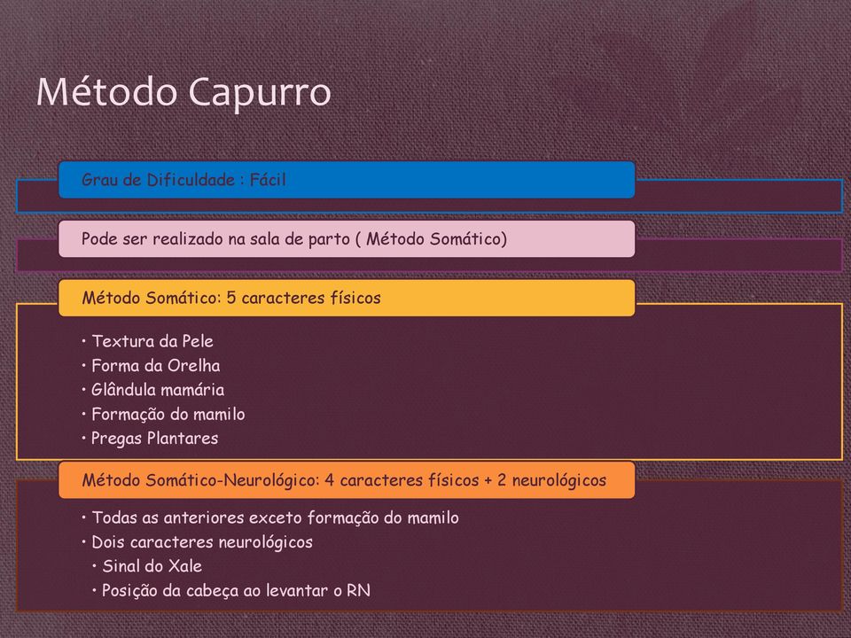 mamilo Pregas Plantares Método Somático-Neurológico: 4 caracteres físicos + 2 neurológicos Todas as