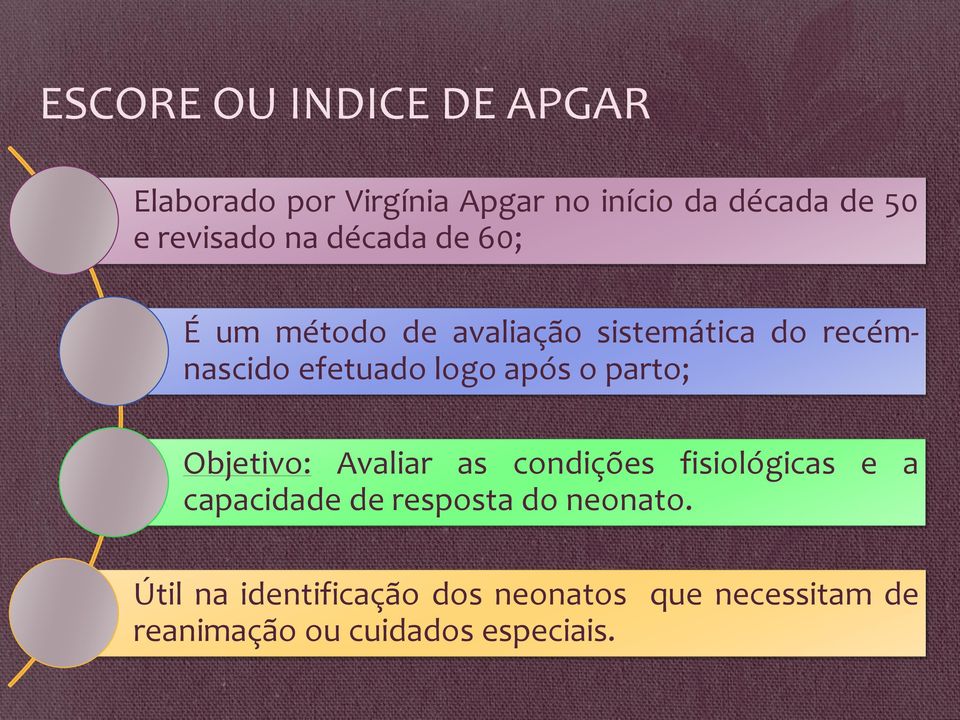 logo após o parto; Objetivo: Avaliar as condições fisiológicas e a capacidade de resposta