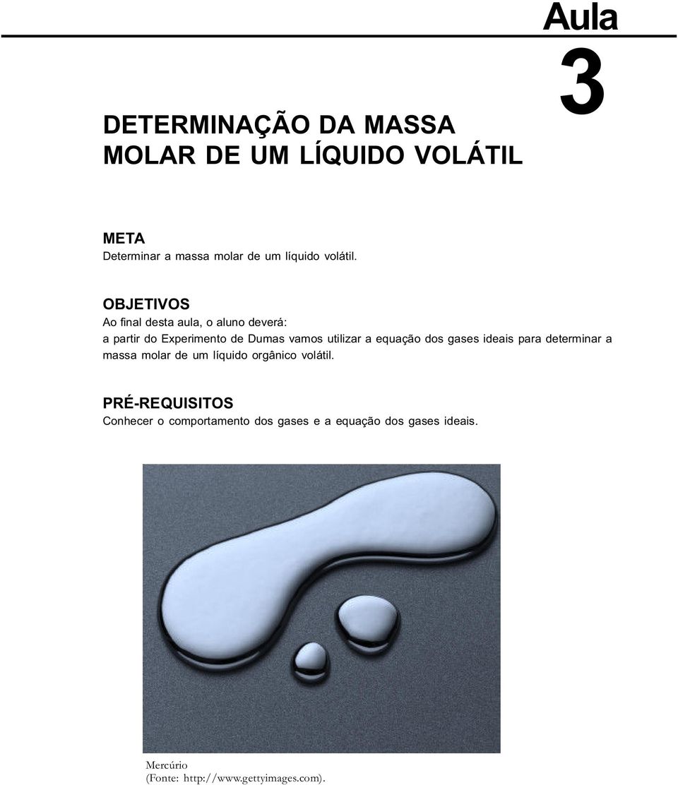 OBJETIVOS Ao final desta aula, o aluno deverá: a partir do Experimento de Dumas vamos utilizar a equação