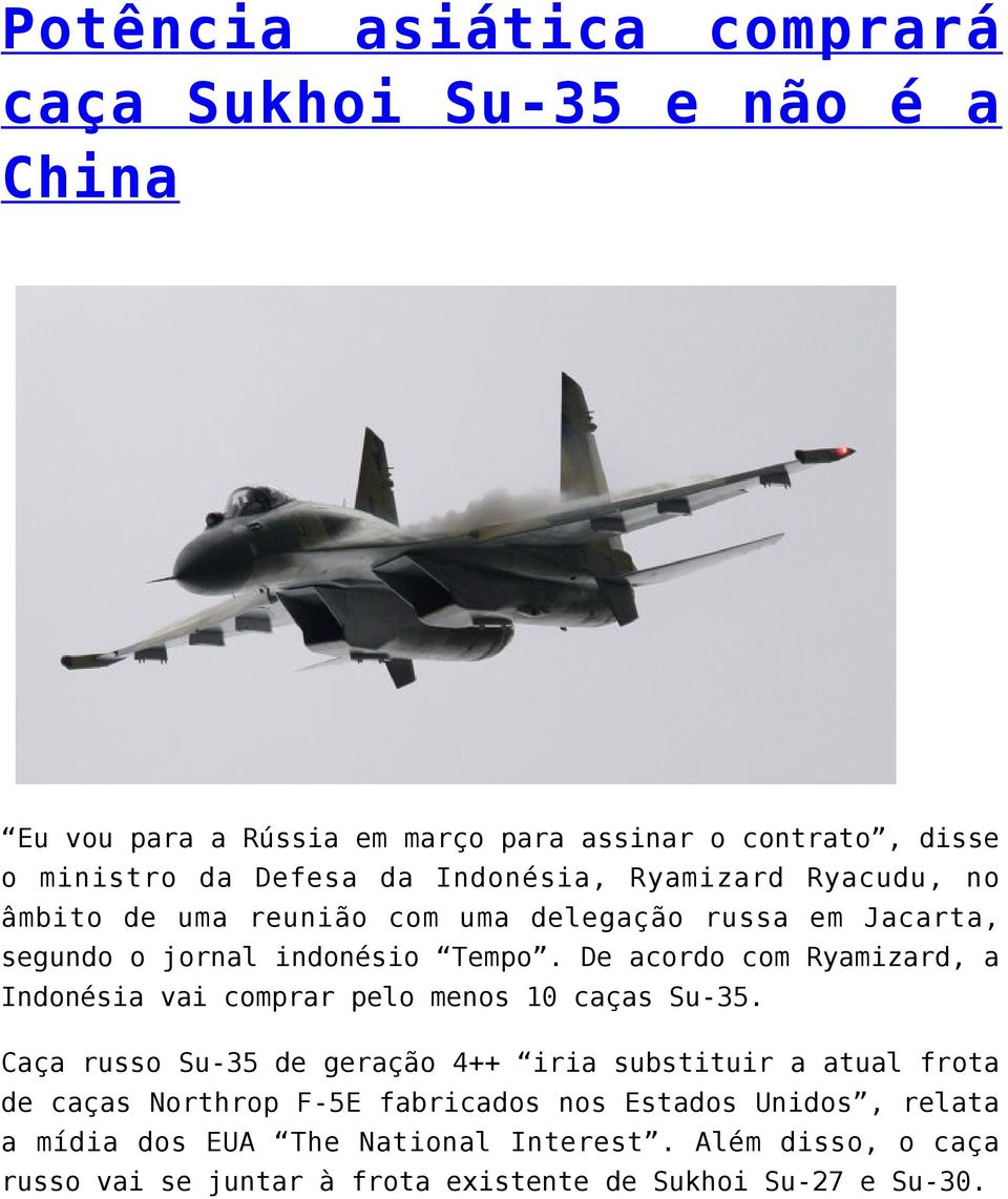 De acordo com Ryamizard, a Indonésia vai comprar pelo menos 10 caças Su-35.